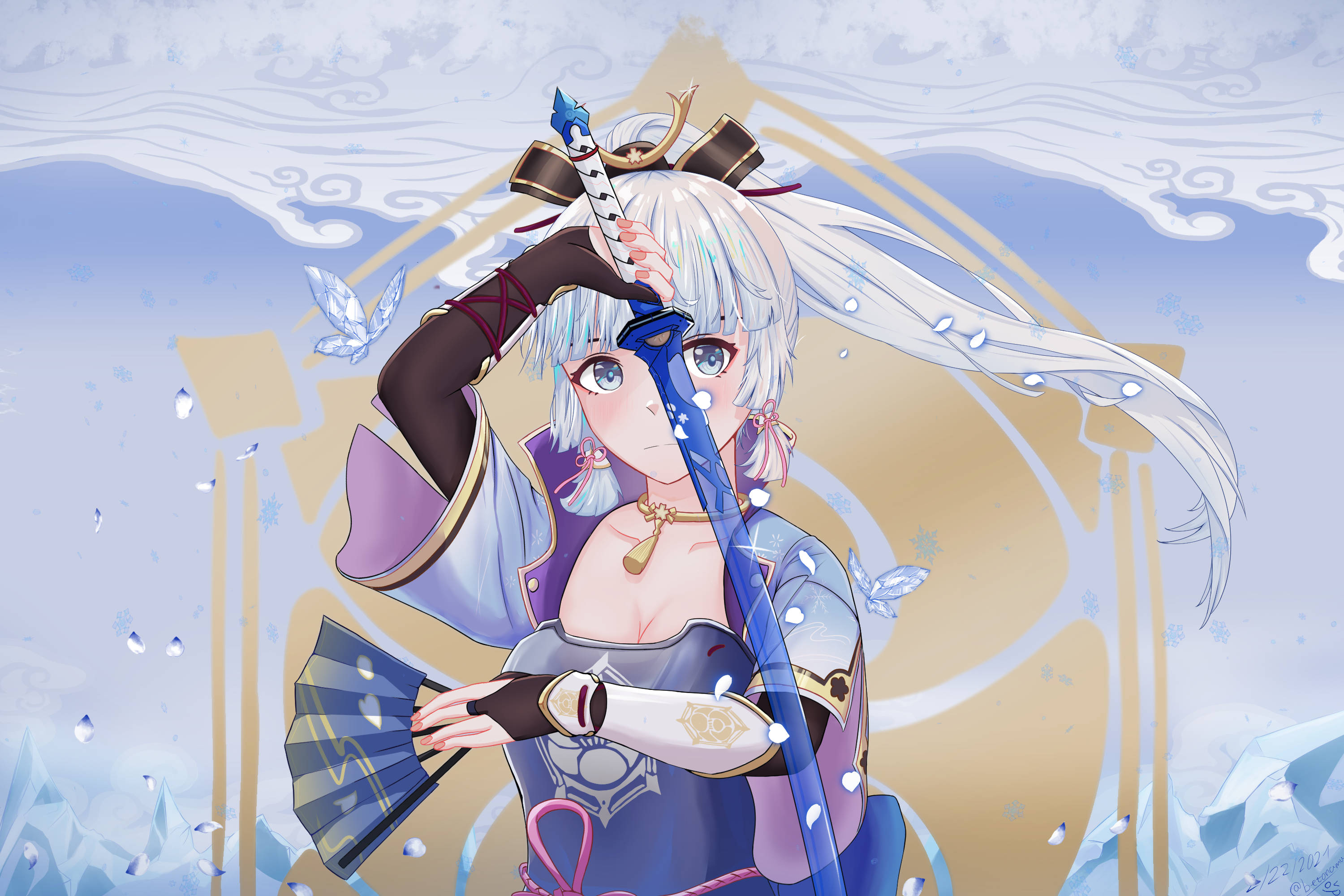 Kamisato Ayaka, blue sword, ice crystals, 2K Desktop Wallpaper