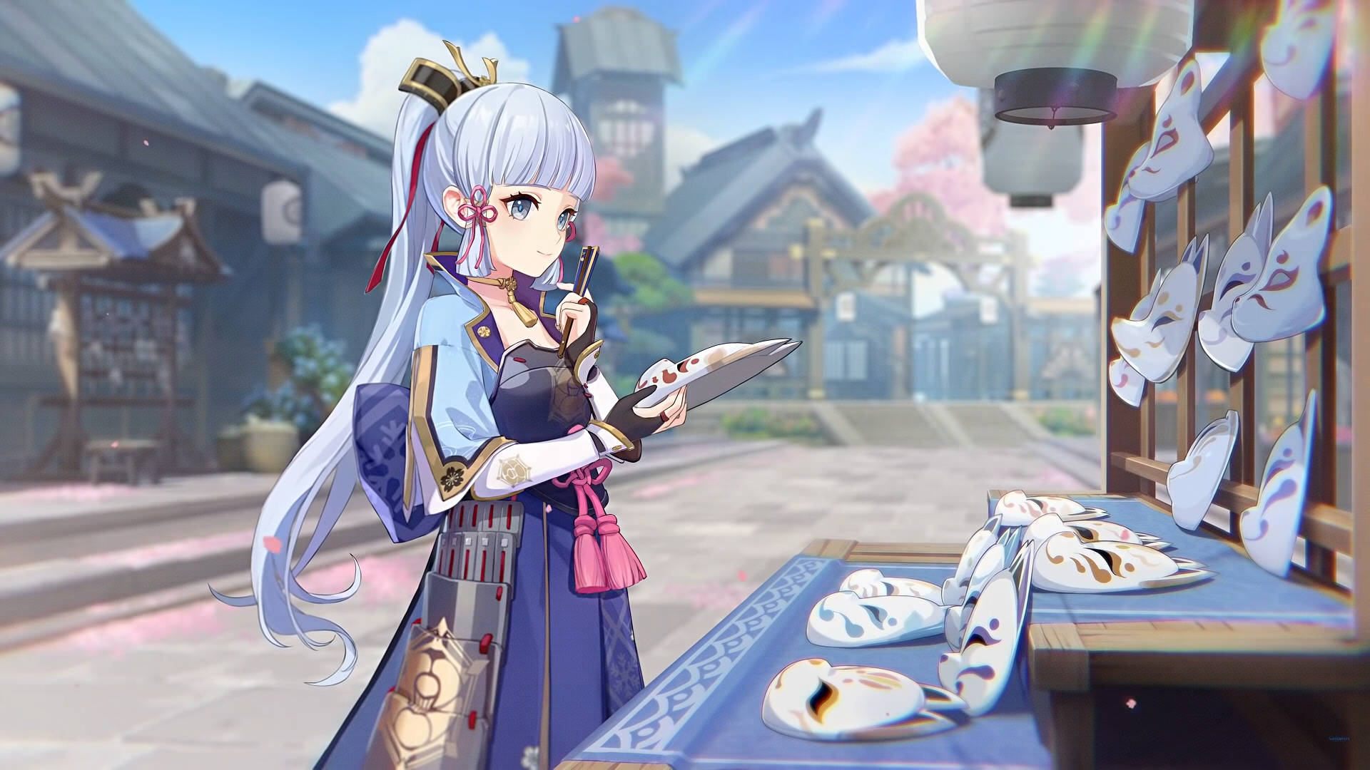 Kamisato Ayaka, silver-haired anime girl, traditional attire, Full HD Desktop Wallpaper