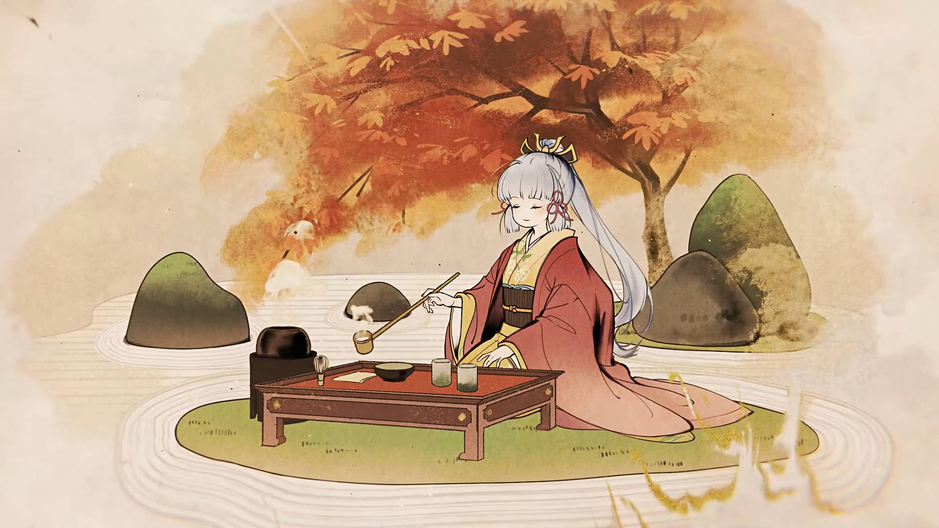 Kamisato Ayaka, red kimono, pond, Full HD Desktop Wallpaper