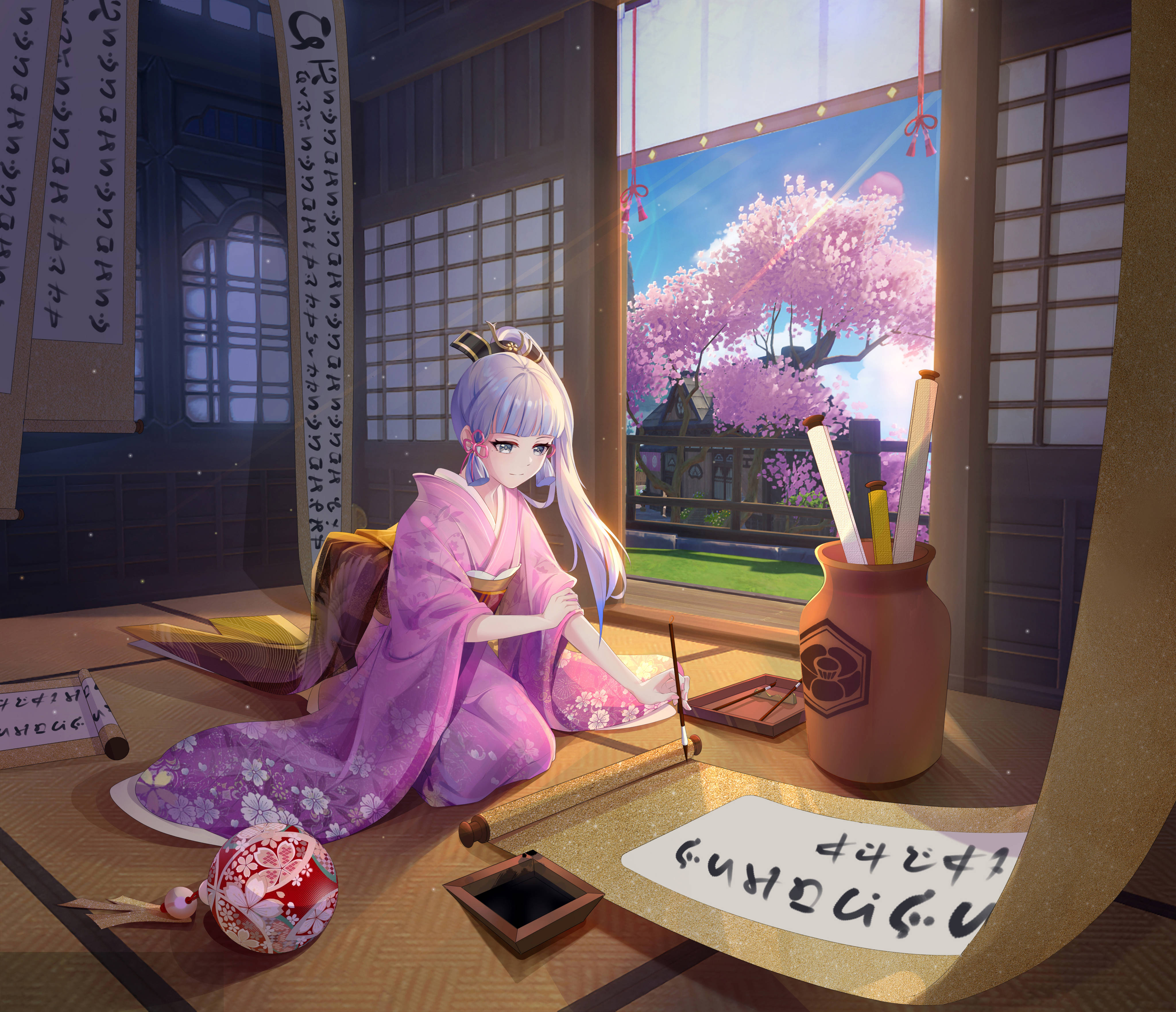 Kamisato Ayaka, purple kimono, calligraphy, 4K Desktop Wallpaper