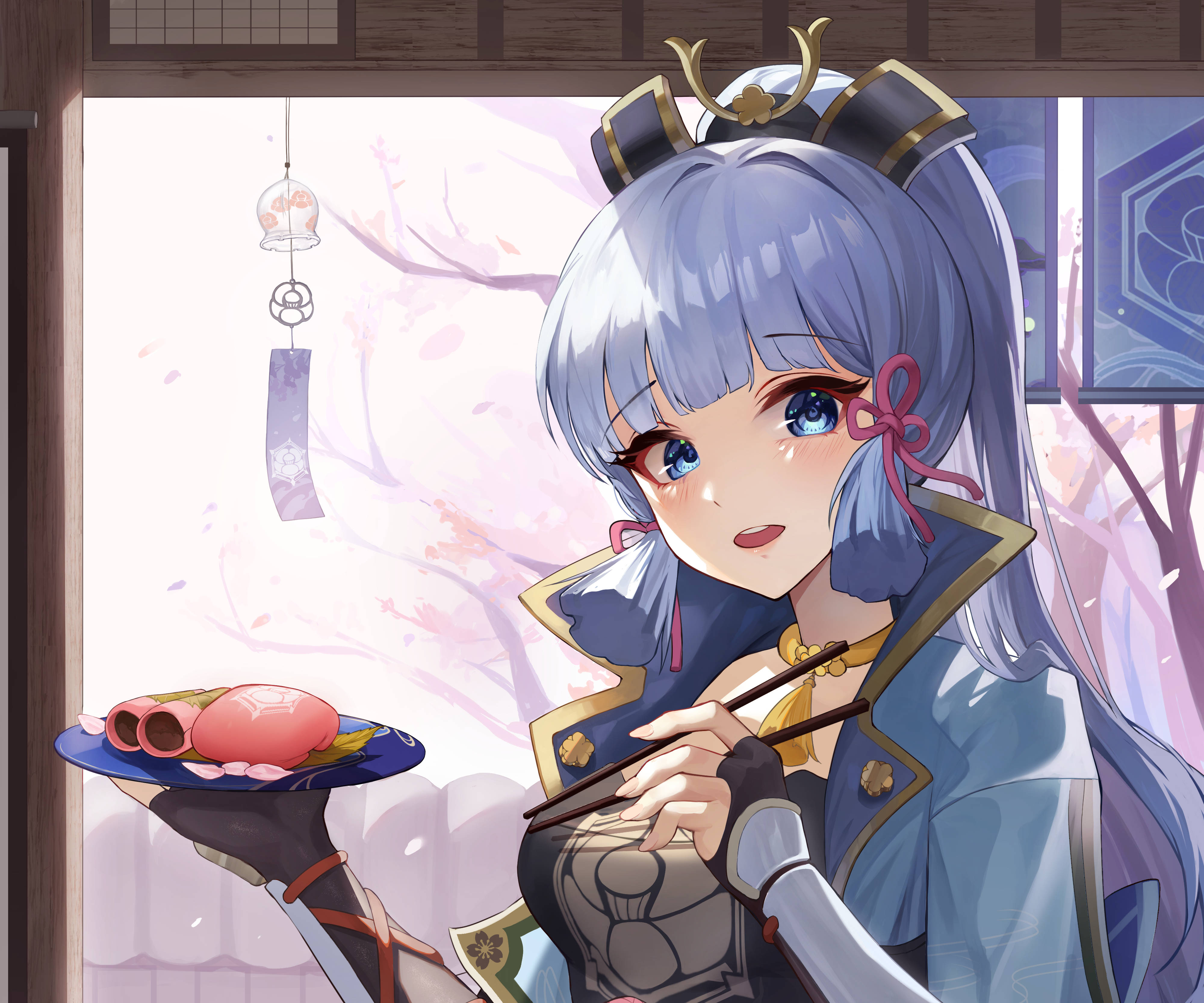 Kamisato Ayaka, sakura mochi, blue-haired, 4K Desktop Wallpaper