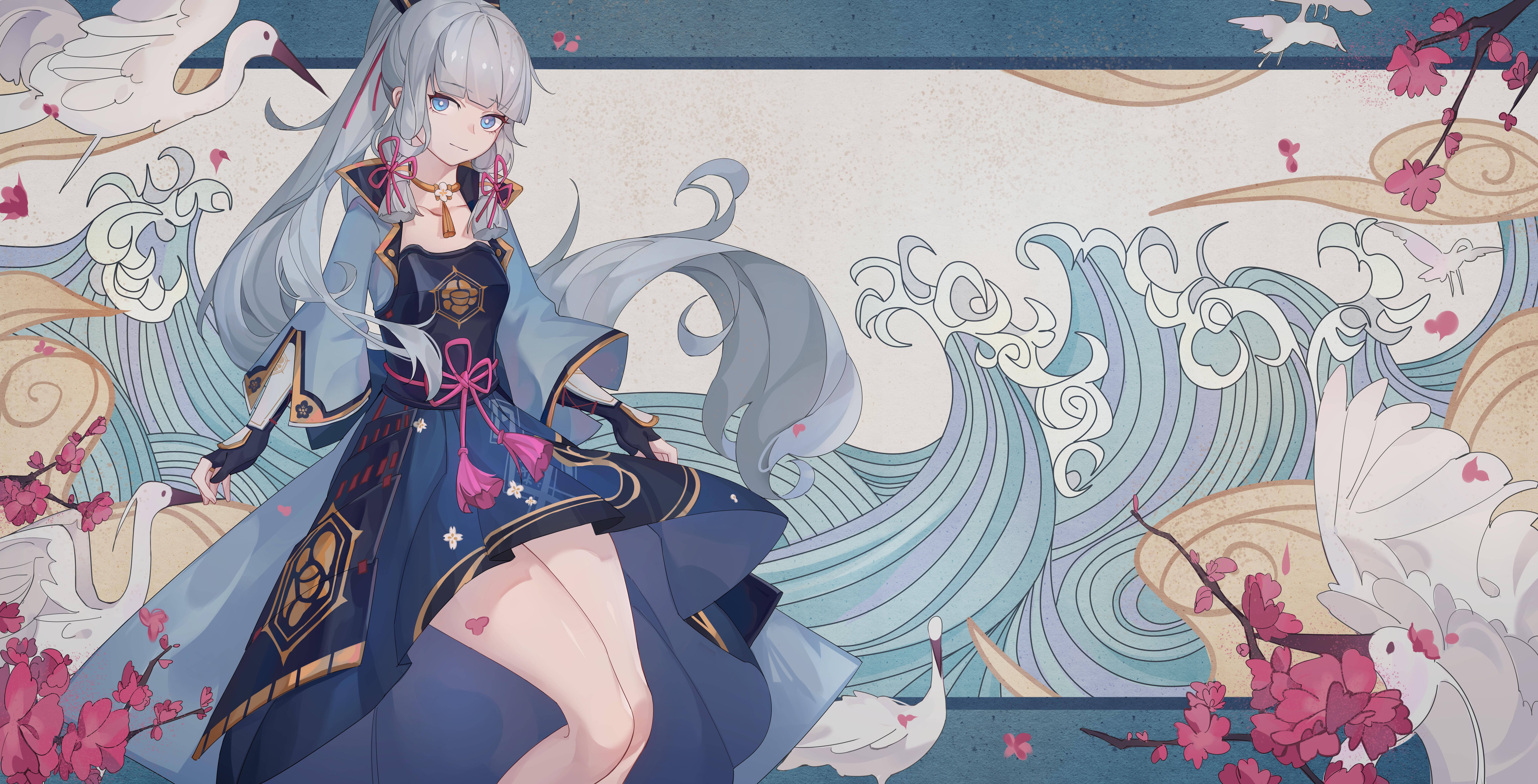 Kamisato Ayaka, silver-haired, blue and pink dress, 8K Desktop Wallpaper