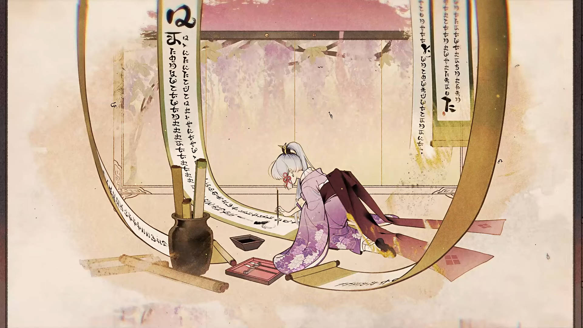 Kamisato Ayaka, purple kimono, calligraphy, Full HD Desktop Wallpaper