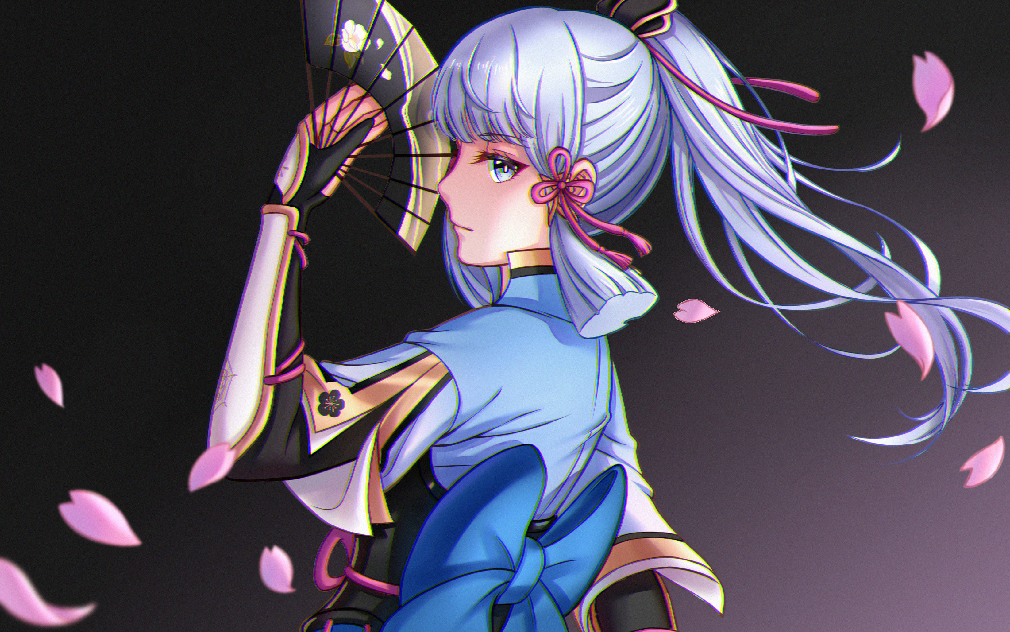 Kamisato Ayaka, silver hair, pink ribbons, 2K Desktop Wallpaper