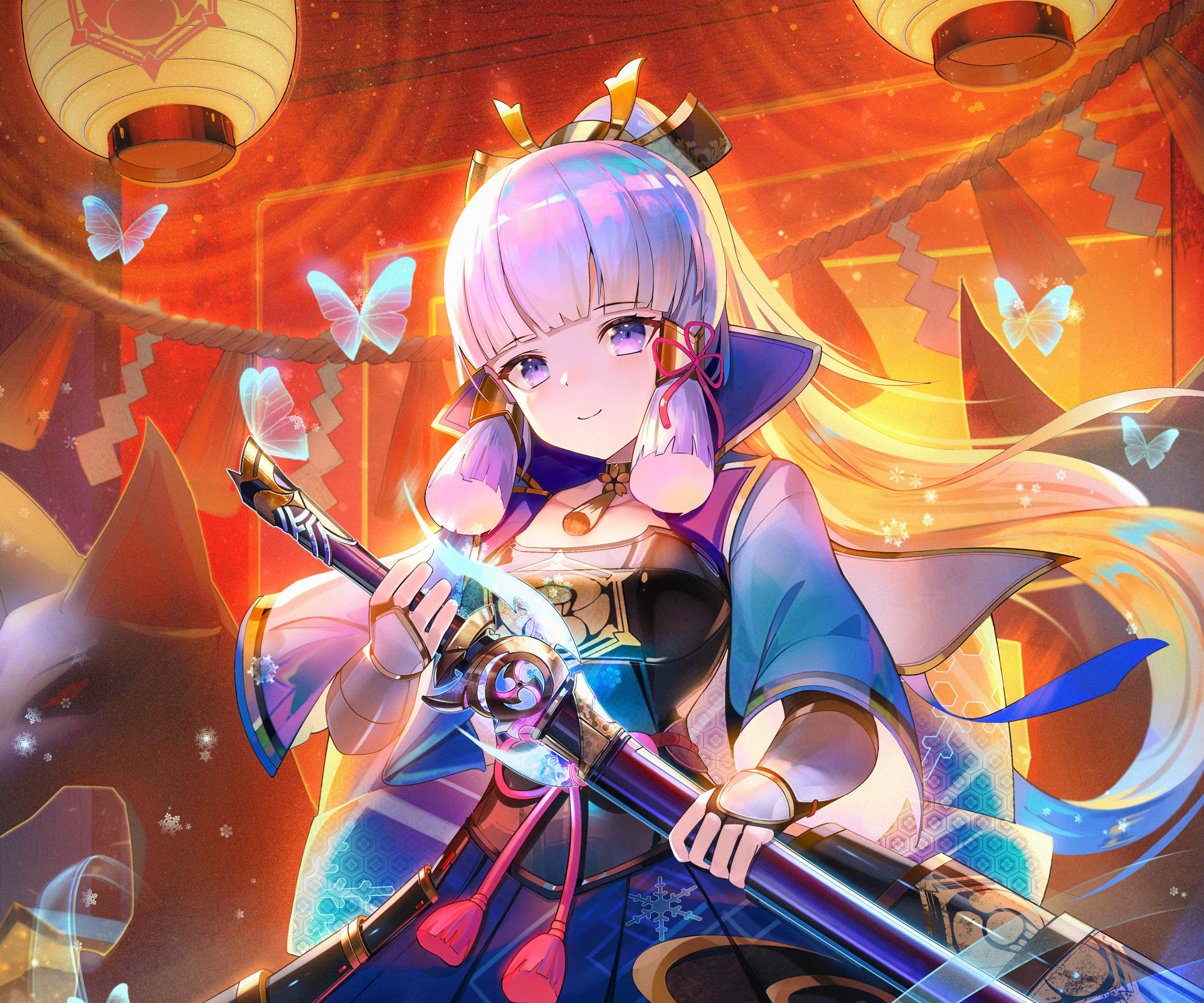 Kamisato Ayaka, purple hair, glowing sword, Full HD Desktop Wallpaper