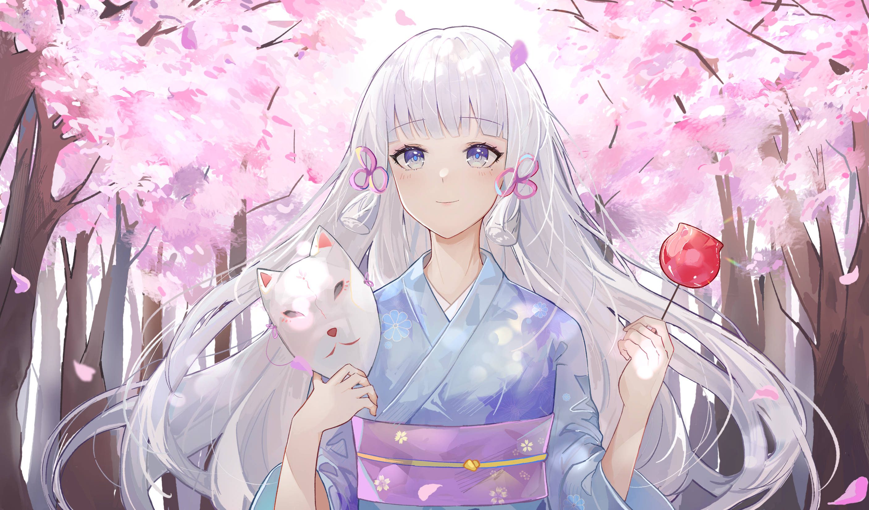 Kamisato Ayaka, fox mask, red lollipop, 2K Desktop Wallpaper