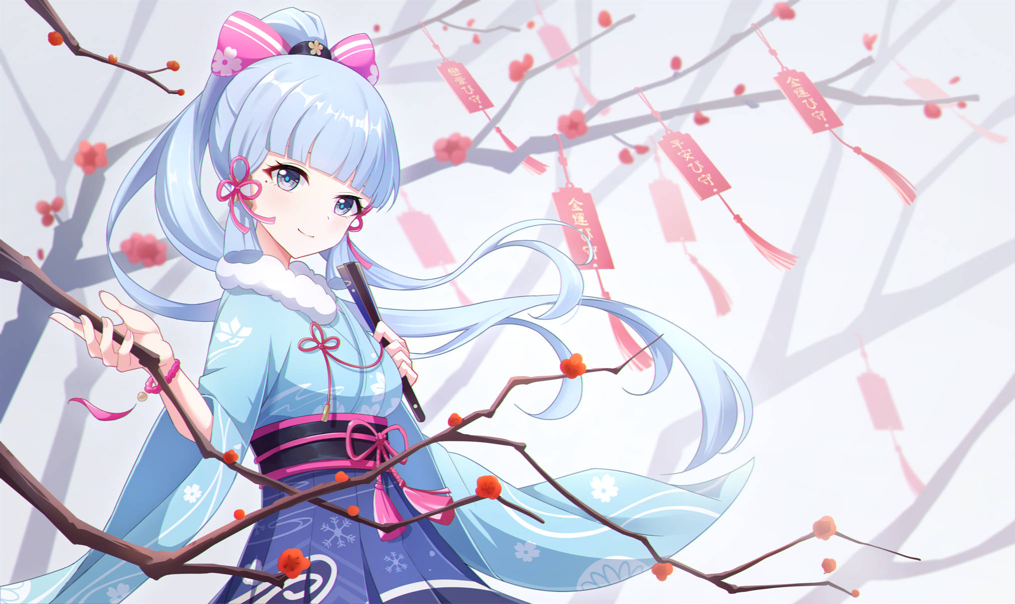 Kamisato Ayaka, wish cards, cherry blossom branches, Full HD Desktop Wallpaper