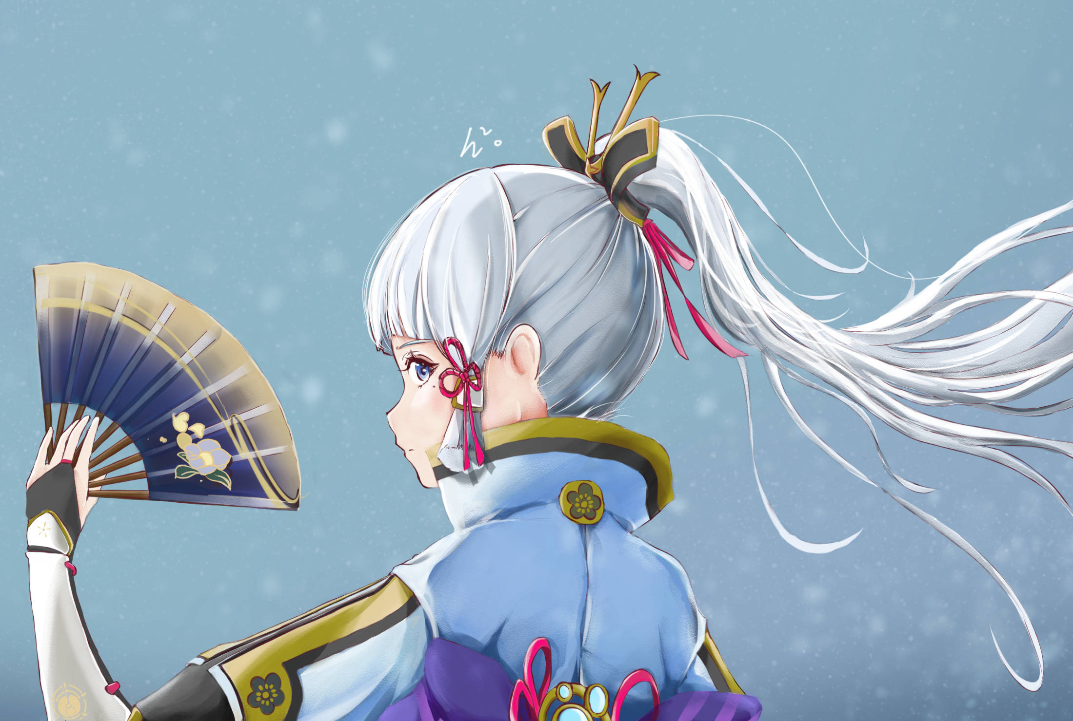 Kamisato Ayaka, silver-haired, traditional blue and gold attire, Full HD Desktop Wallpaper