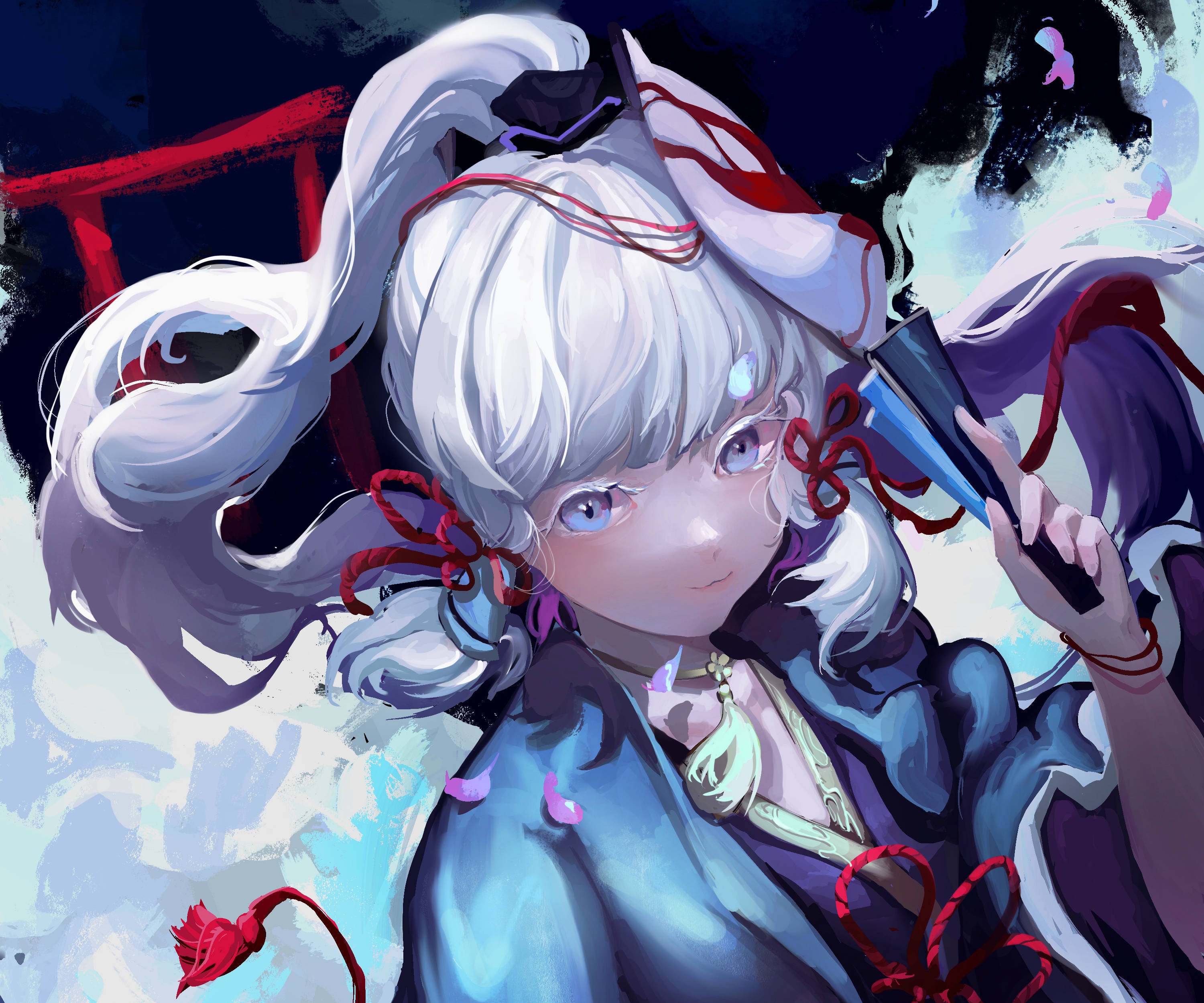 Kamisato Ayaka, red ribbons, glowing staff, 2K Desktop Wallpaper