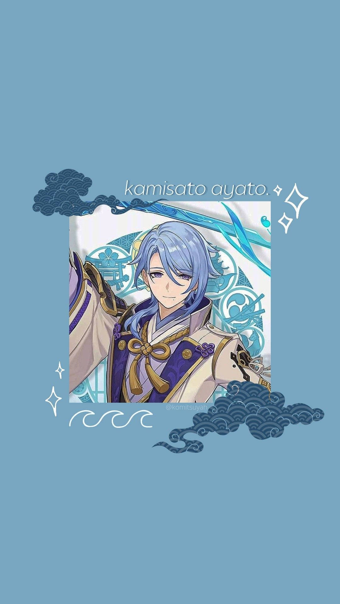 Kamisato Ayato, blue and gold attire, decorative clouds, Full HD Phone Wallpaper
