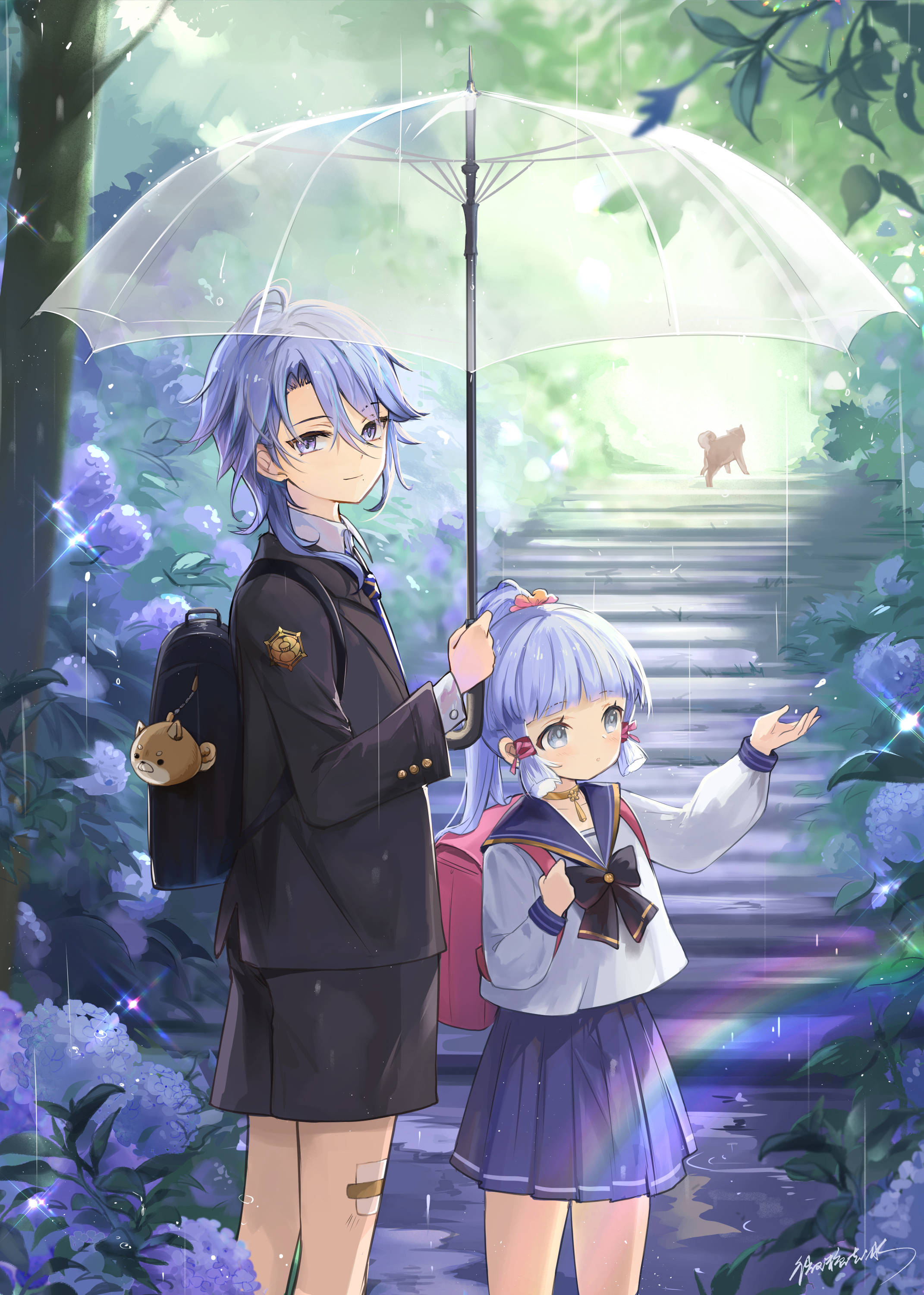 Kamisato Ayato, school uniform, glowing purple hydrangeas, 2K Phone Wallpaper