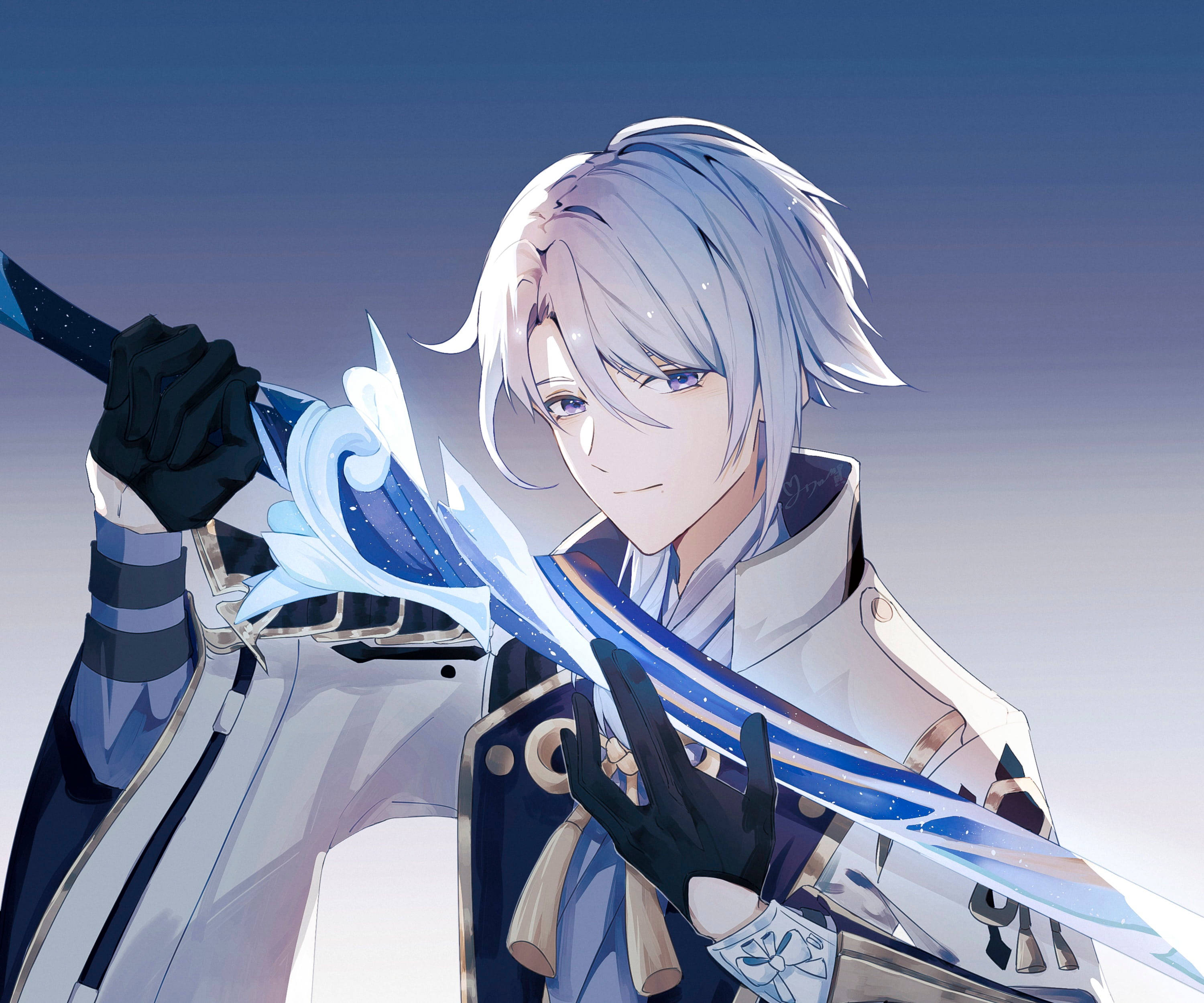 Kamisato Ayato, glowing blue sword, silver-haired anime warrior, 2K Desktop Wallpaper