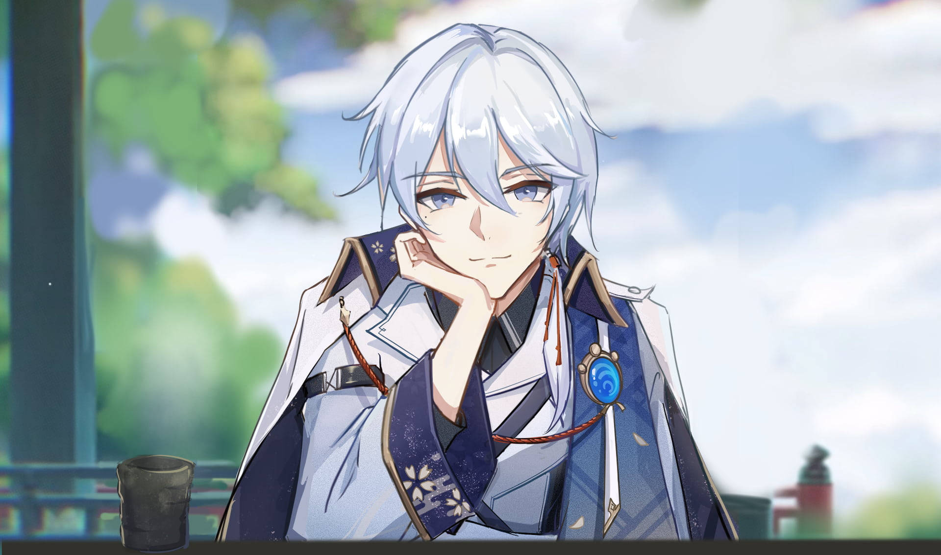 Kamisato Ayato, silver-haired, blue and white outfit, Full HD Desktop Wallpaper