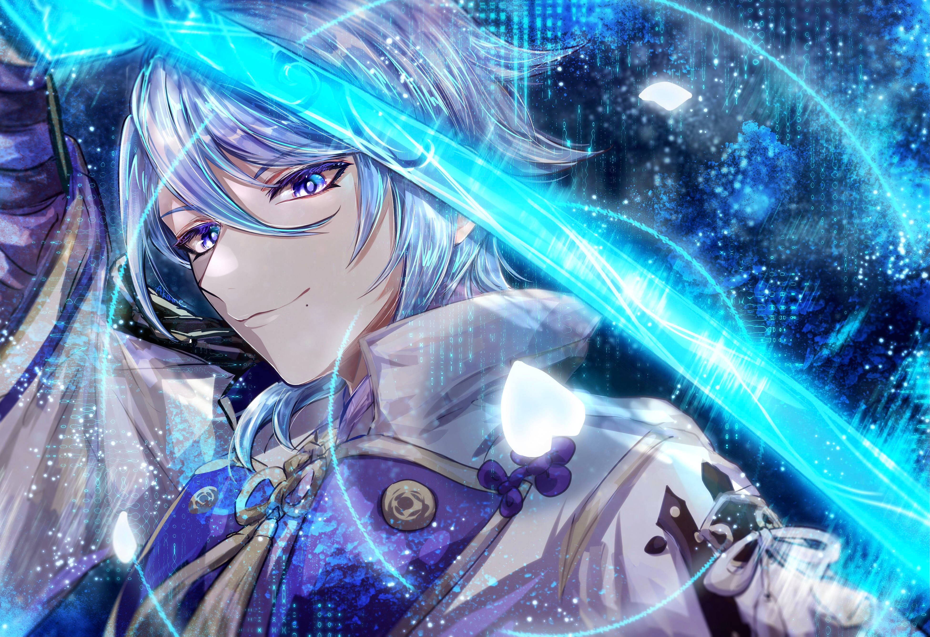 Kamisato Ayato, glowing sword, blue-haired, 4K Desktop Wallpaper