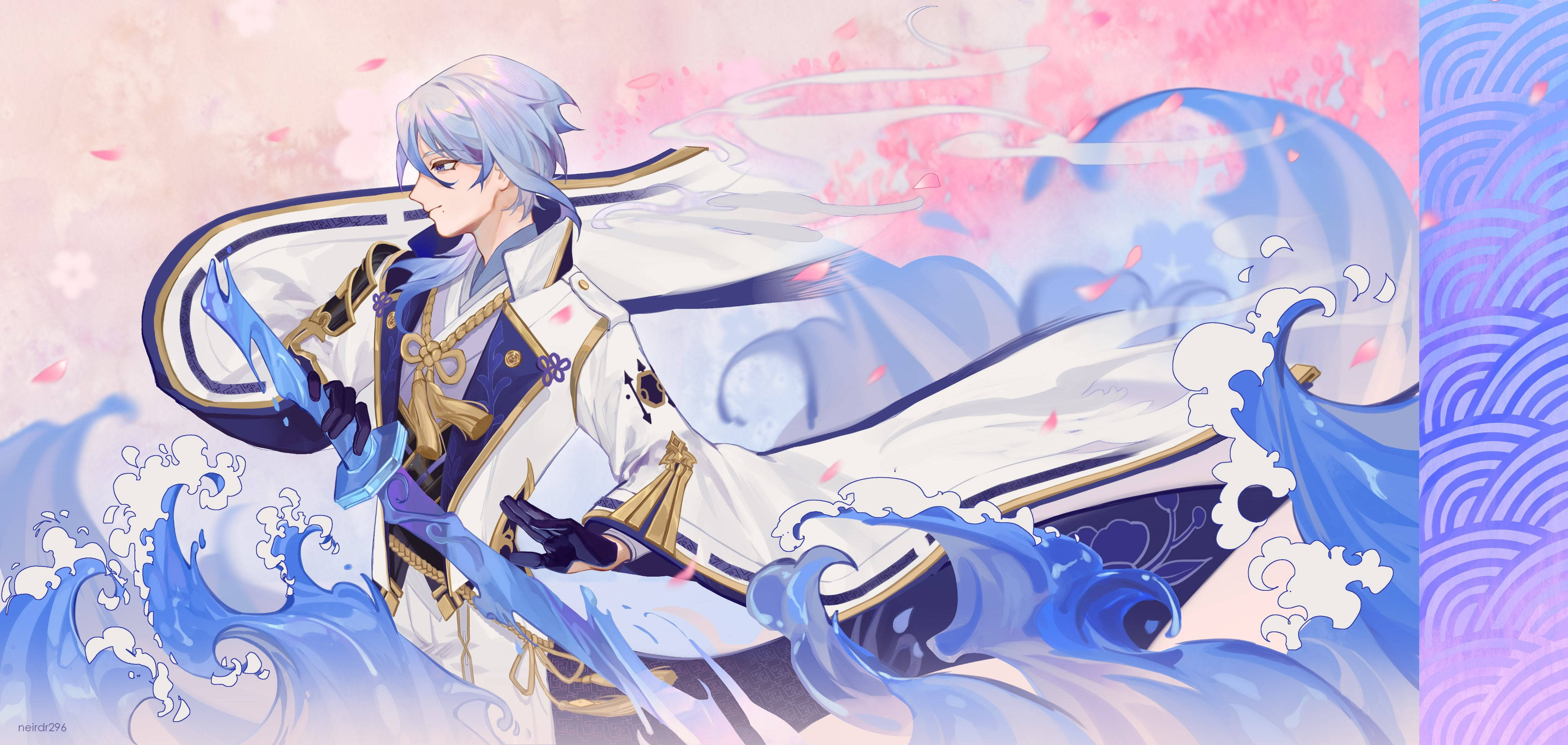 Kamisato Ayato, silver-haired, white and gold armor, 4K Desktop Wallpaper