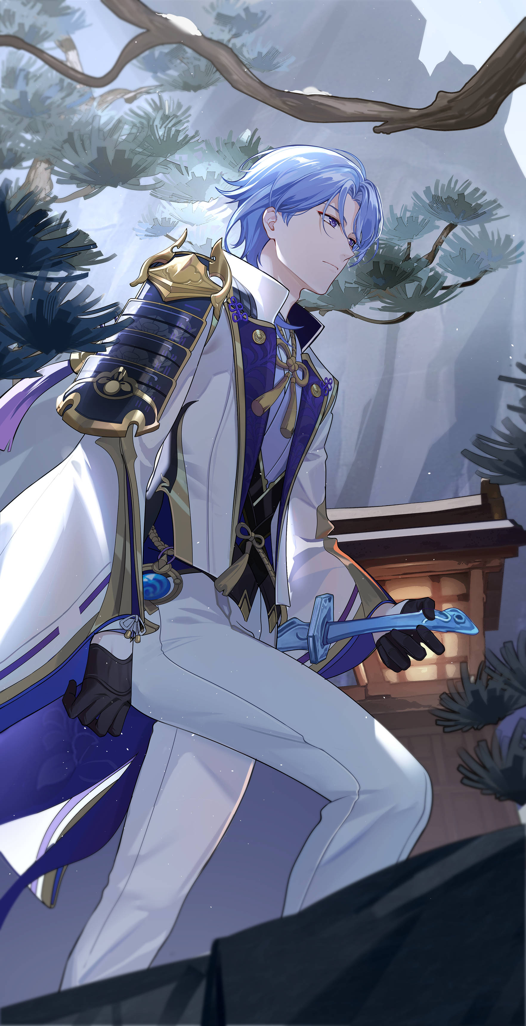 Kamisato Ayato, blue-haired, white and purple armor, 2K Phone Wallpaper