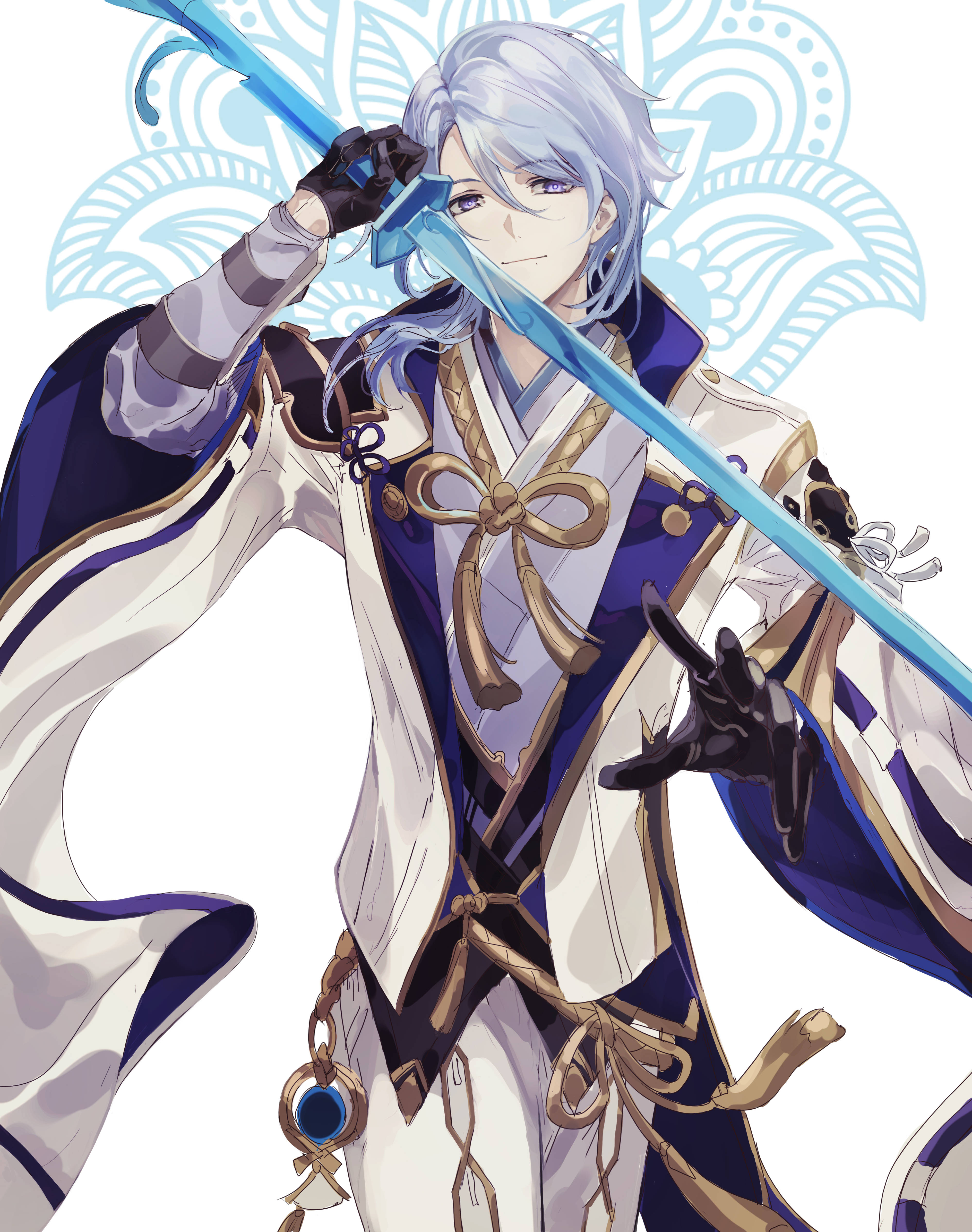 Kamisato Ayato, silver-haired, white and blue robes, 4K Phone Wallpaper