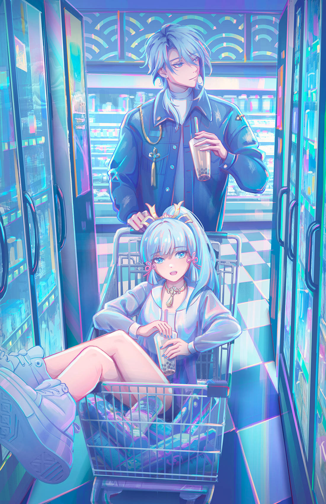 Kamisato Ayato, neon-lit supermarket aisle, glowing refrigerators, HD Phone Wallpaper