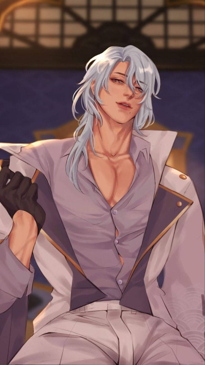 Kamisato Ayato, silver-haired, lavender suit, SD Phone Wallpaper