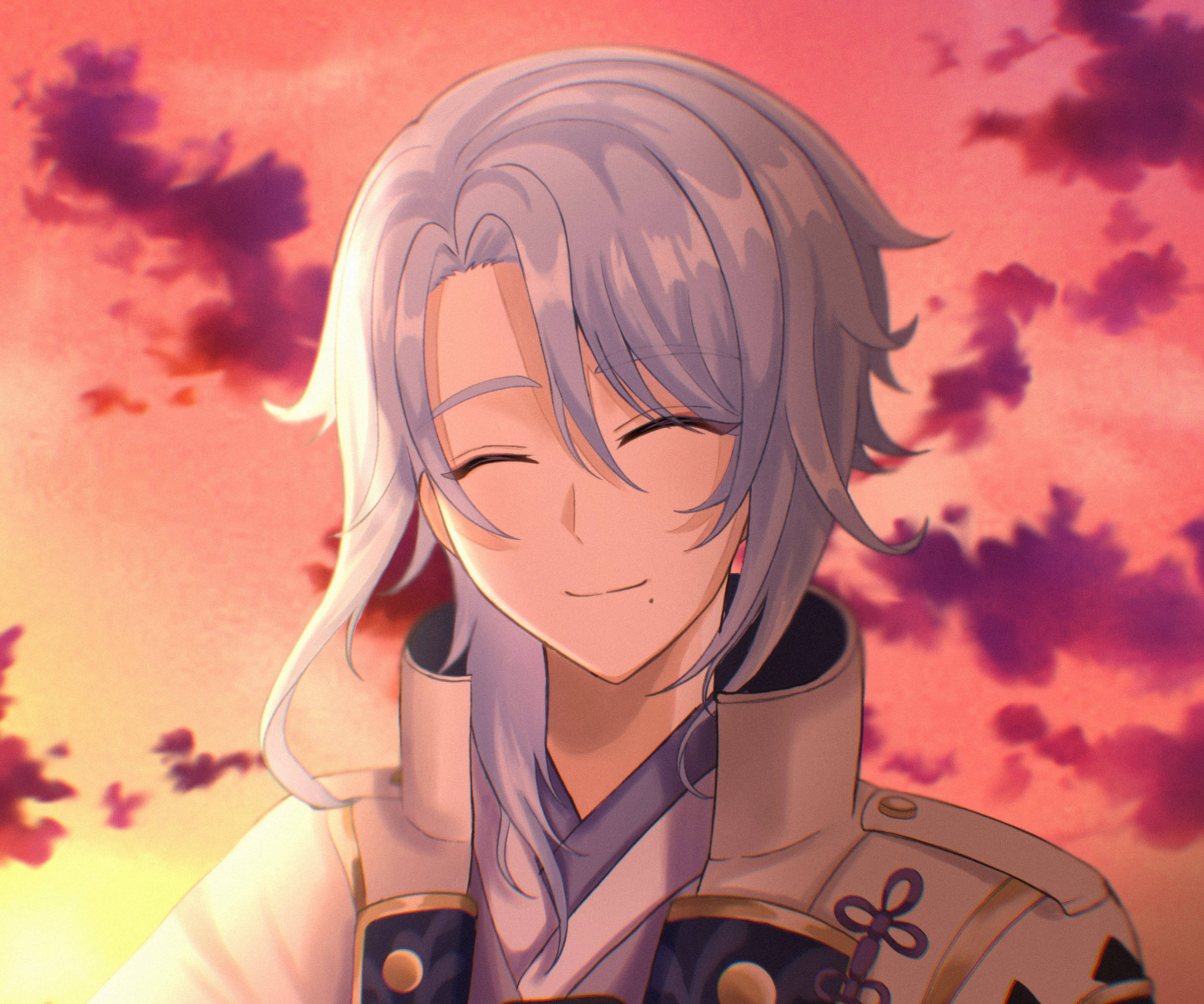 Kamisato Ayato, silver hair, vibrant pink and orange sunset sky, Full HD Desktop Wallpaper