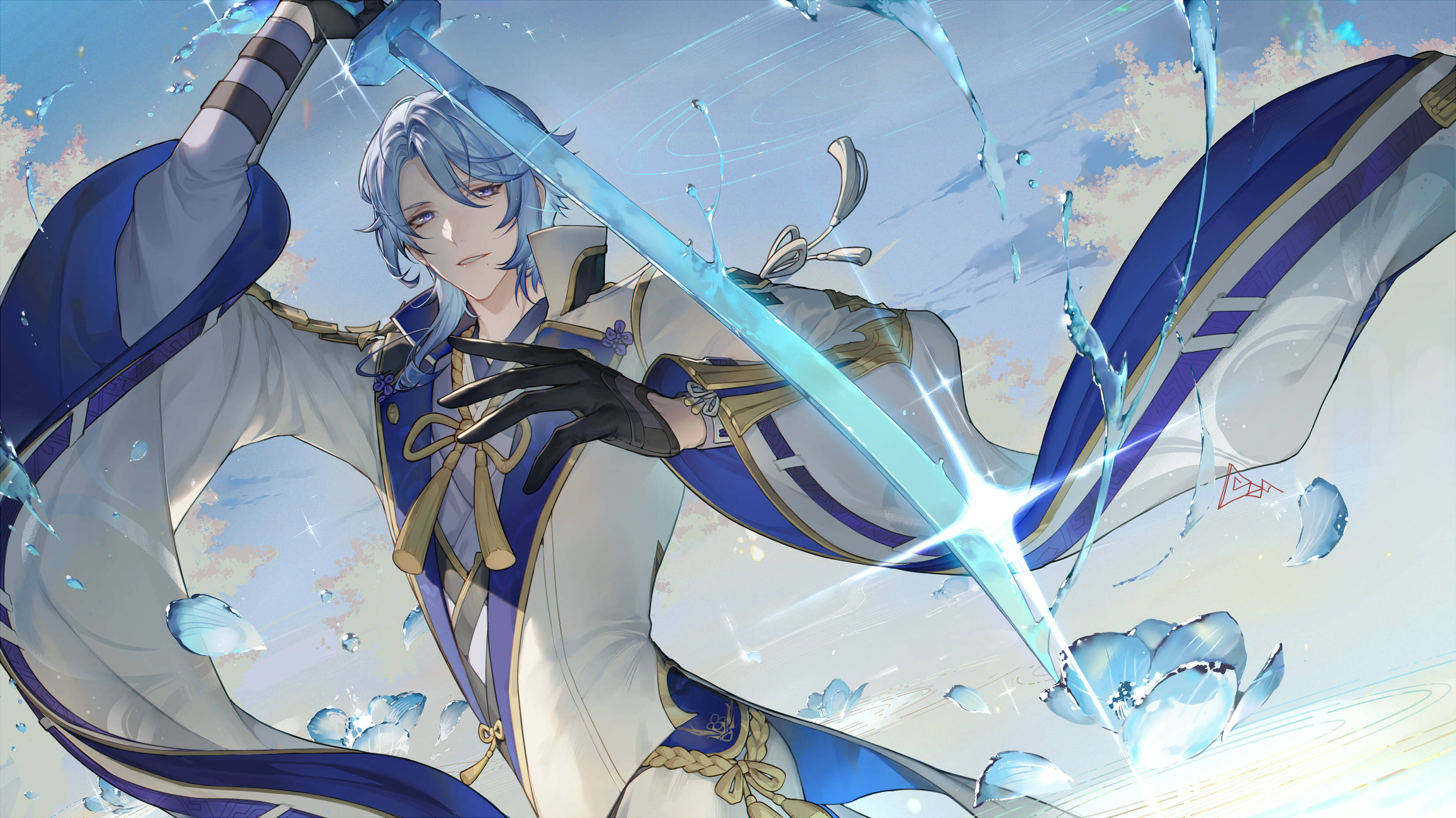 Kamisato Ayato, blue-haired anime warrior, glowing sword, 2K Desktop Wallpaper
