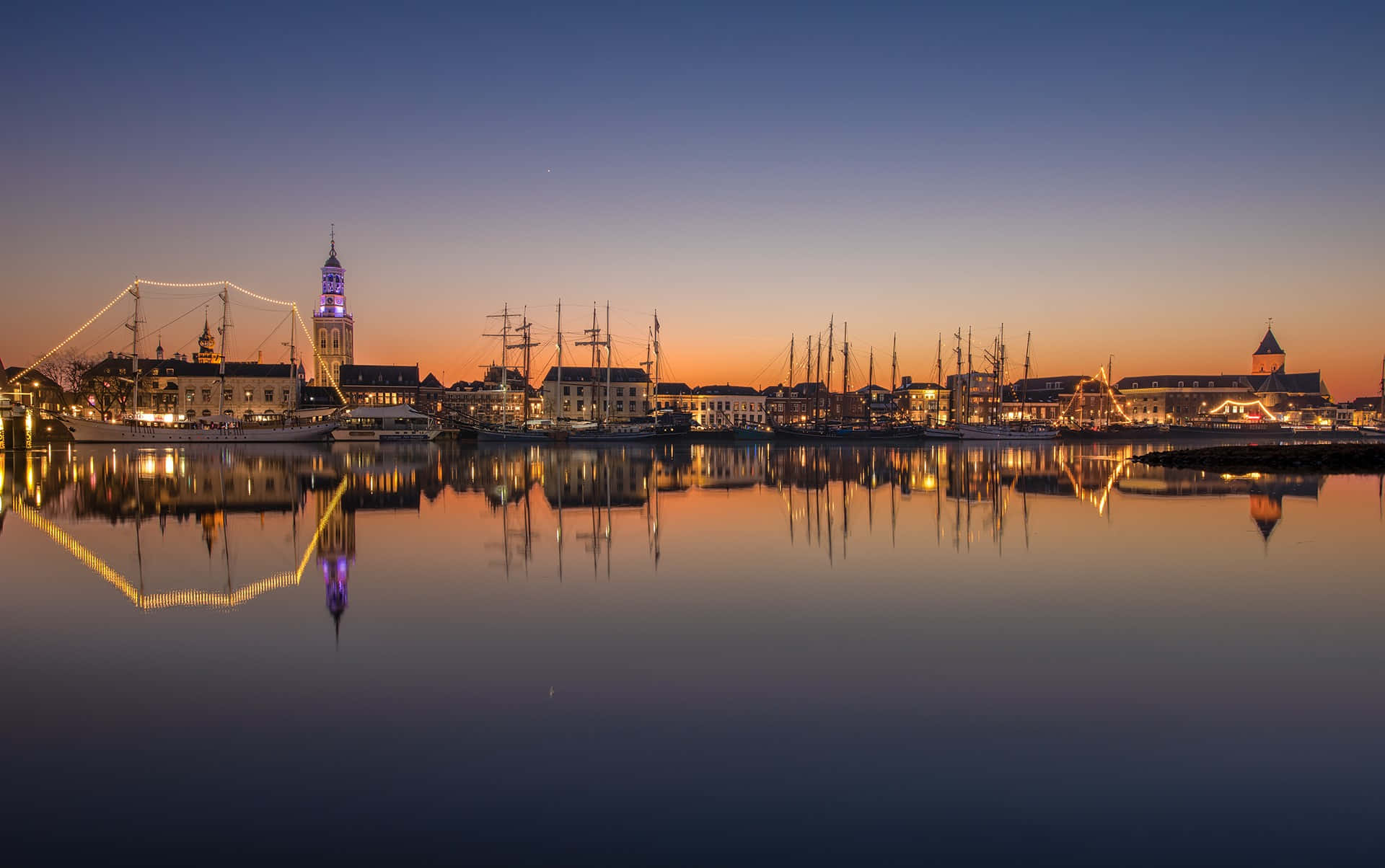 Kampen, skyline, dusk, Full HD Desktop Wallpaper