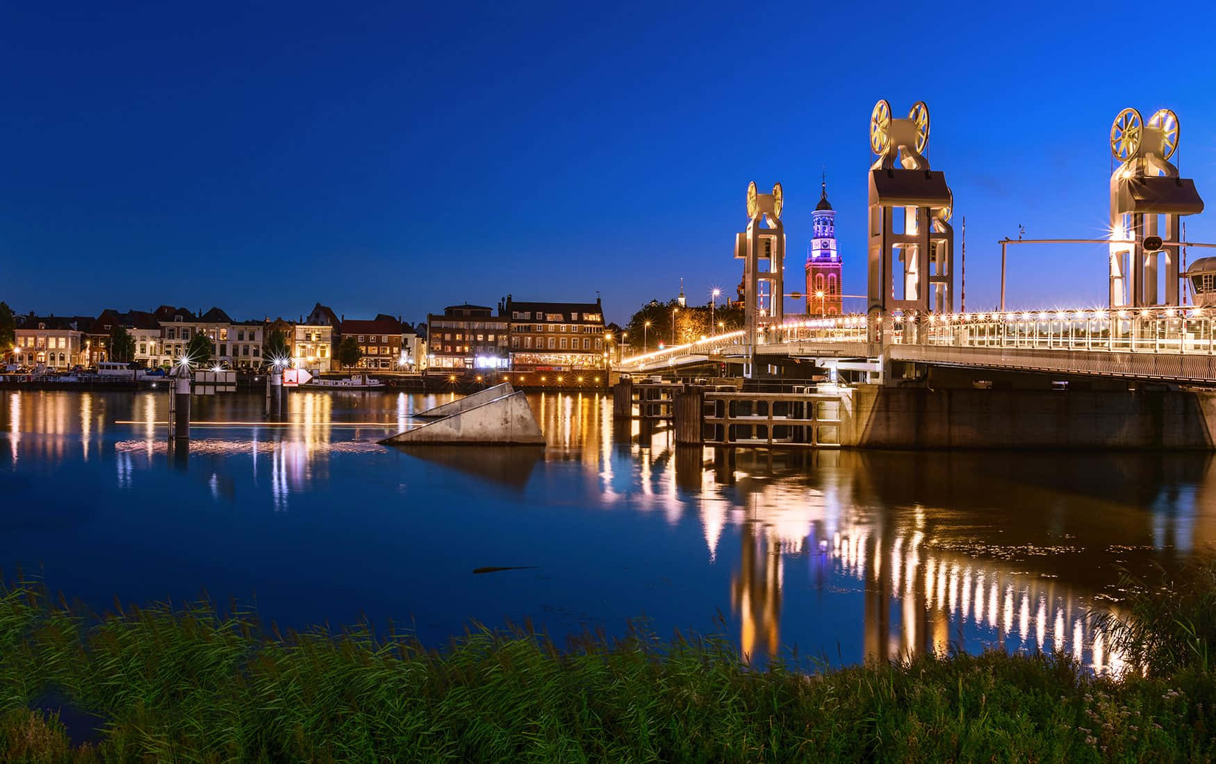 Kampen, twilight, lit drawbridge, HD Desktop Wallpaper