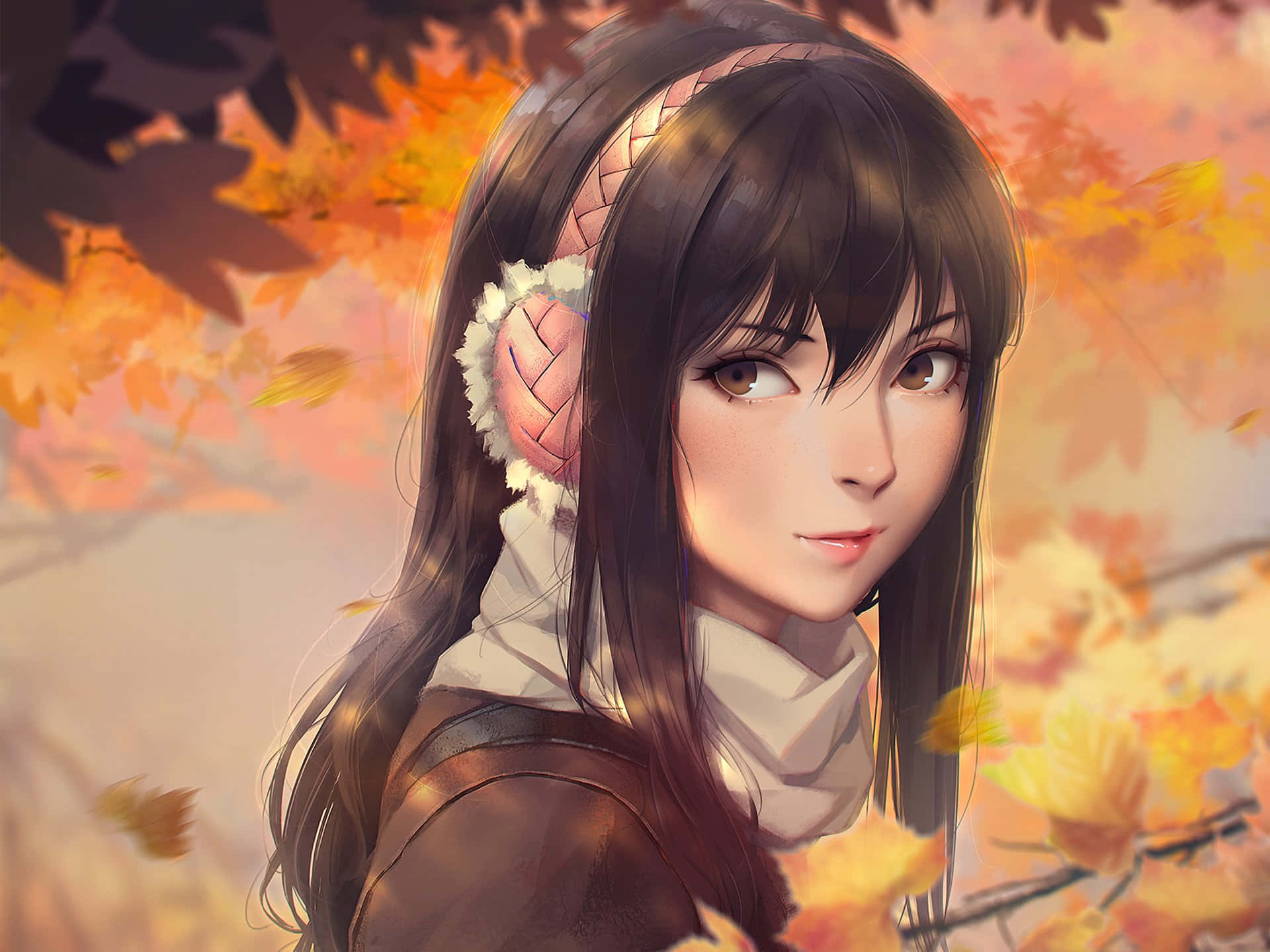 Kana Kimishima, autumn leaves, golden, Full HD Desktop Wallpaper