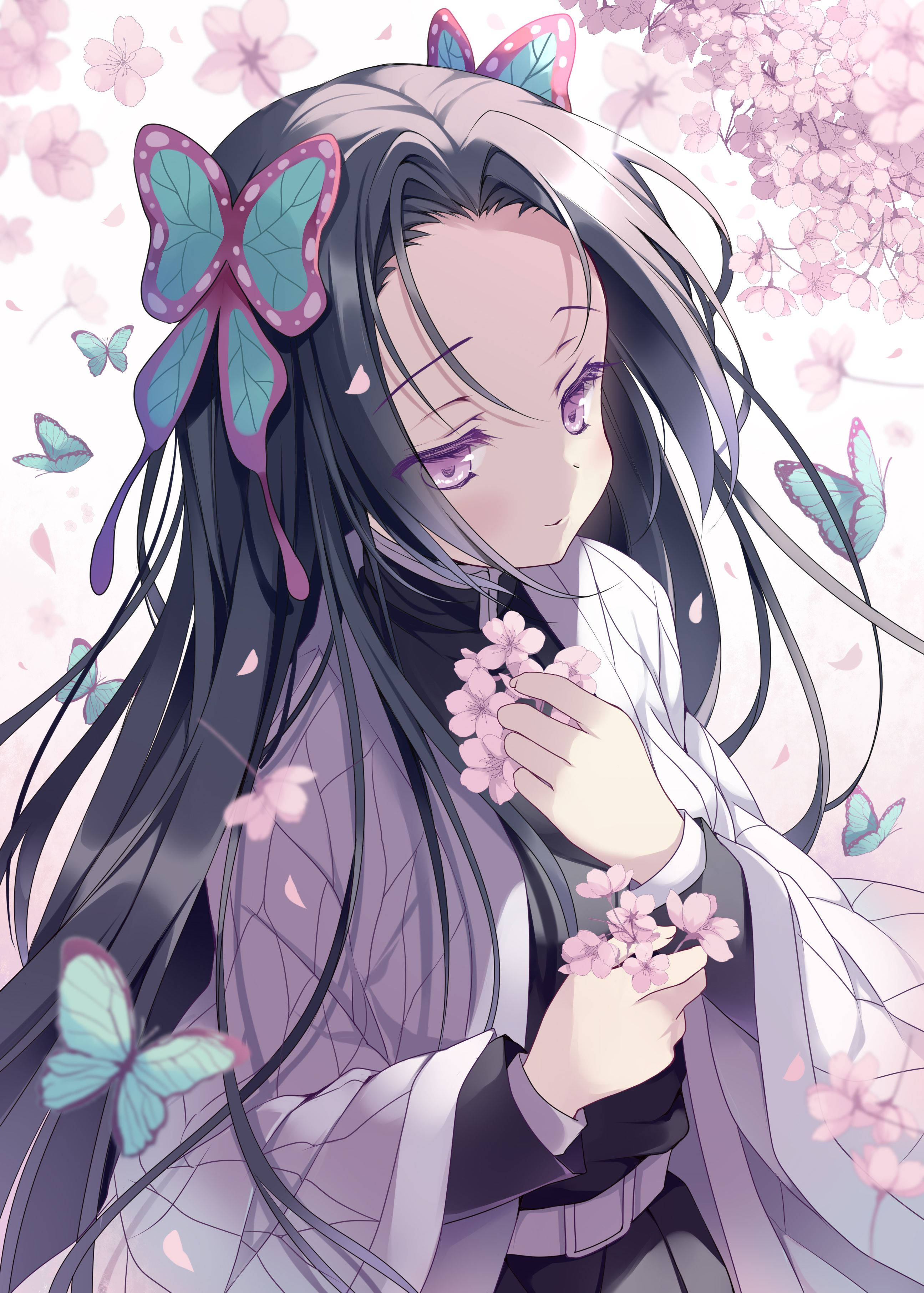 Kanae Kocho, pastel colored art, long dark hair, 2K Phone Wallpaper
