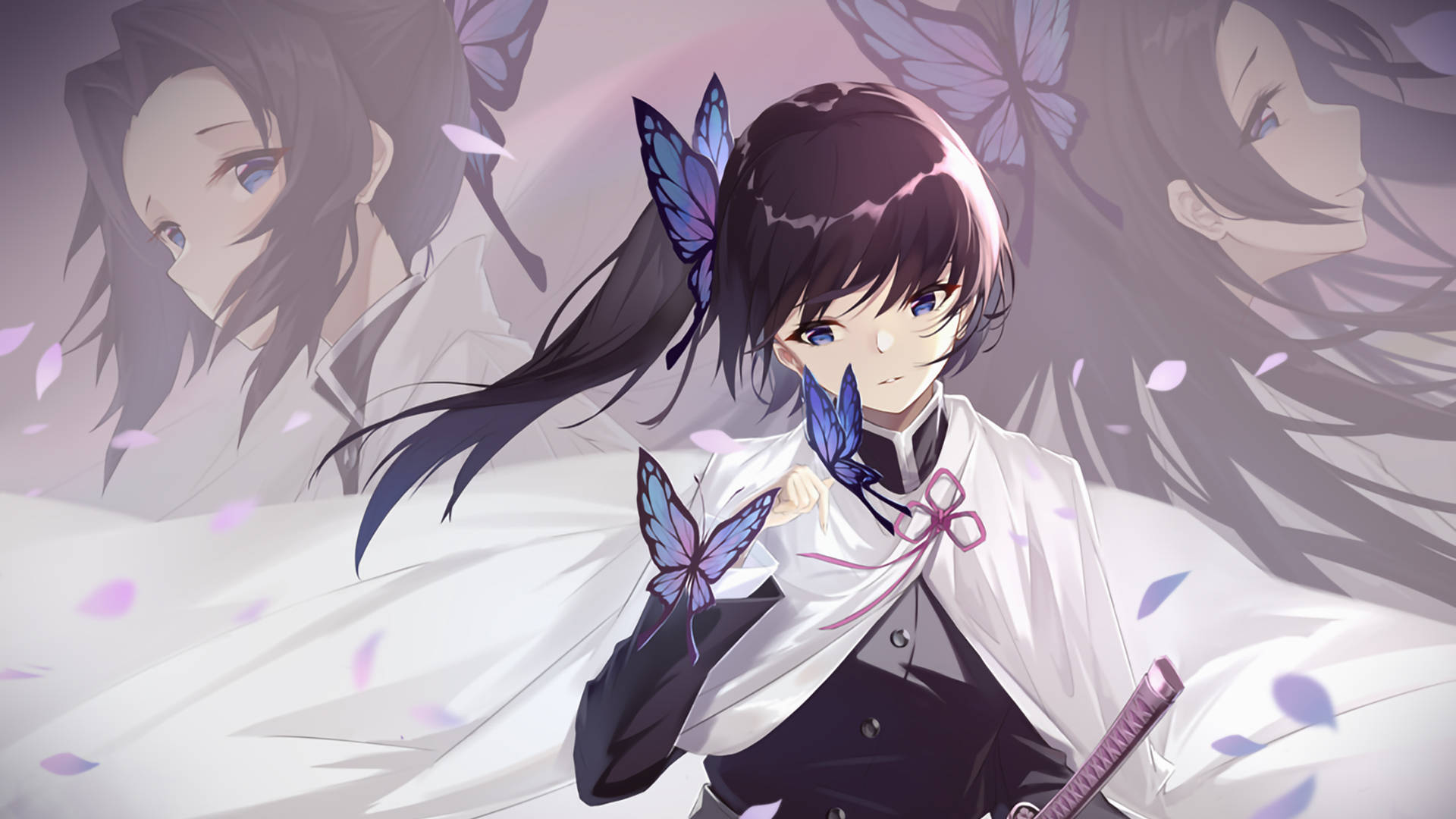 Kanae Kocho, blue butterflies, white kimono, Full HD Desktop Wallpaper