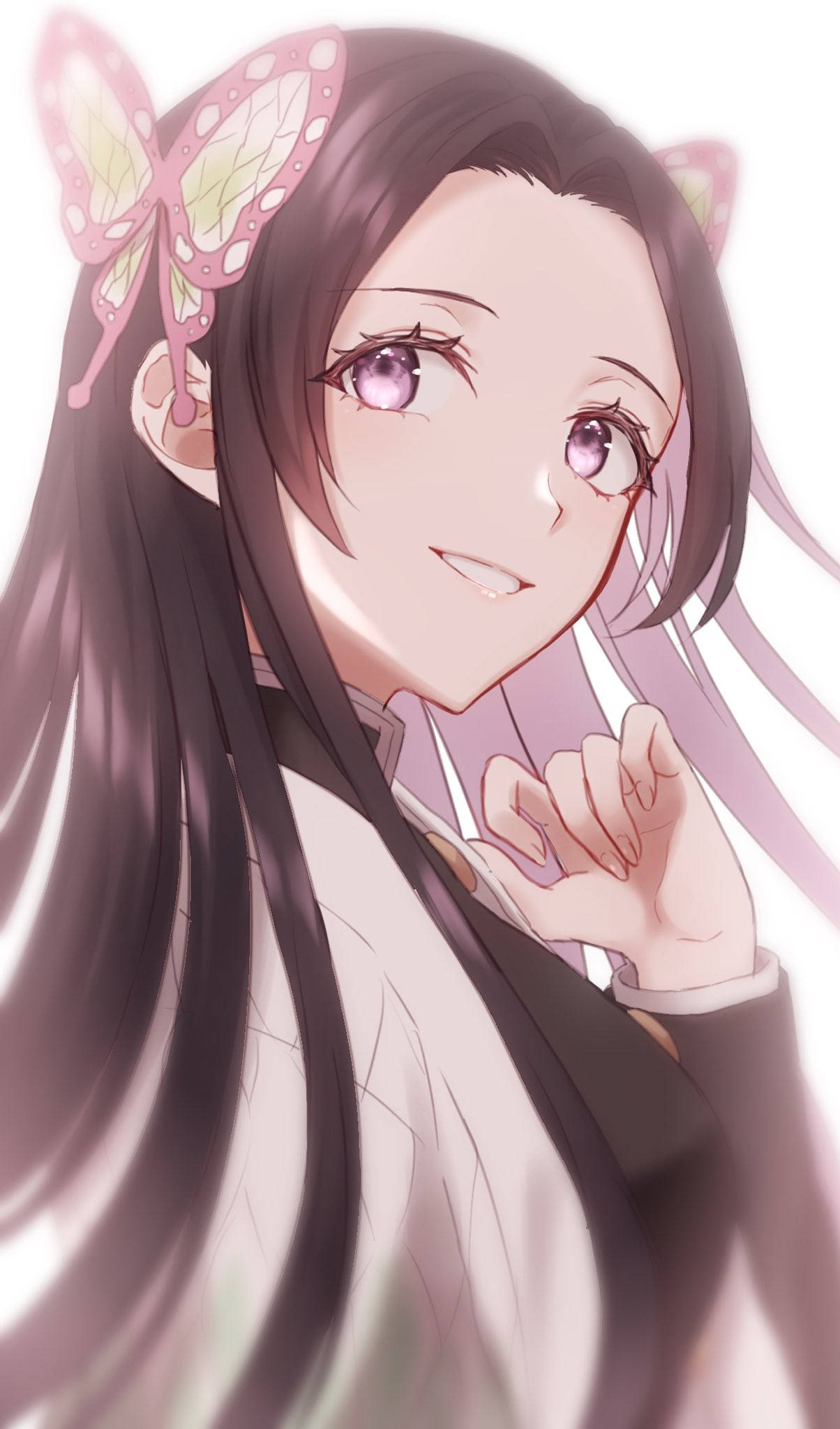 Kanae Kocho, pink and green hairpin, purple eyes, Full HD Phone Wallpaper