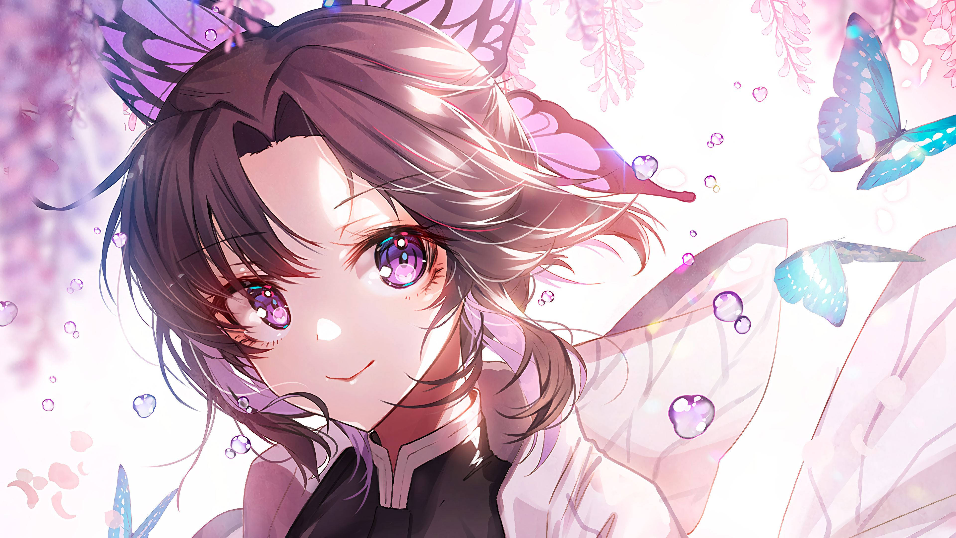 Kanae Kocho, pink butterfly headdress, purple eyes, 4K Desktop Wallpaper