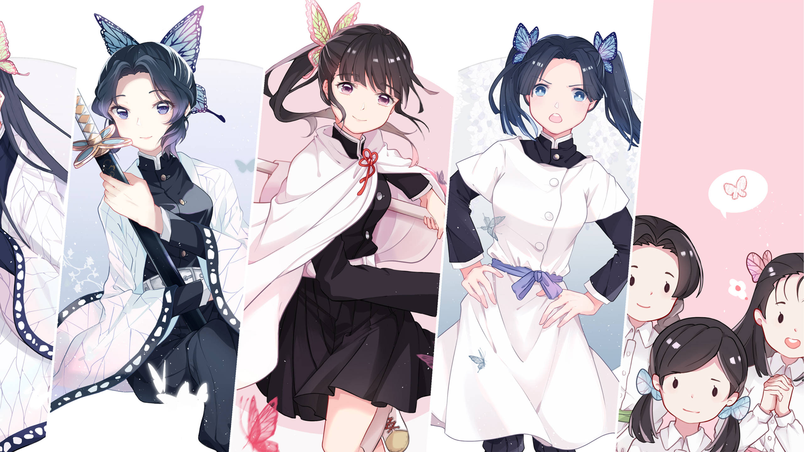 Kanae Kocho, butterfly headdress, white and black outfits, 2K Desktop Wallpaper