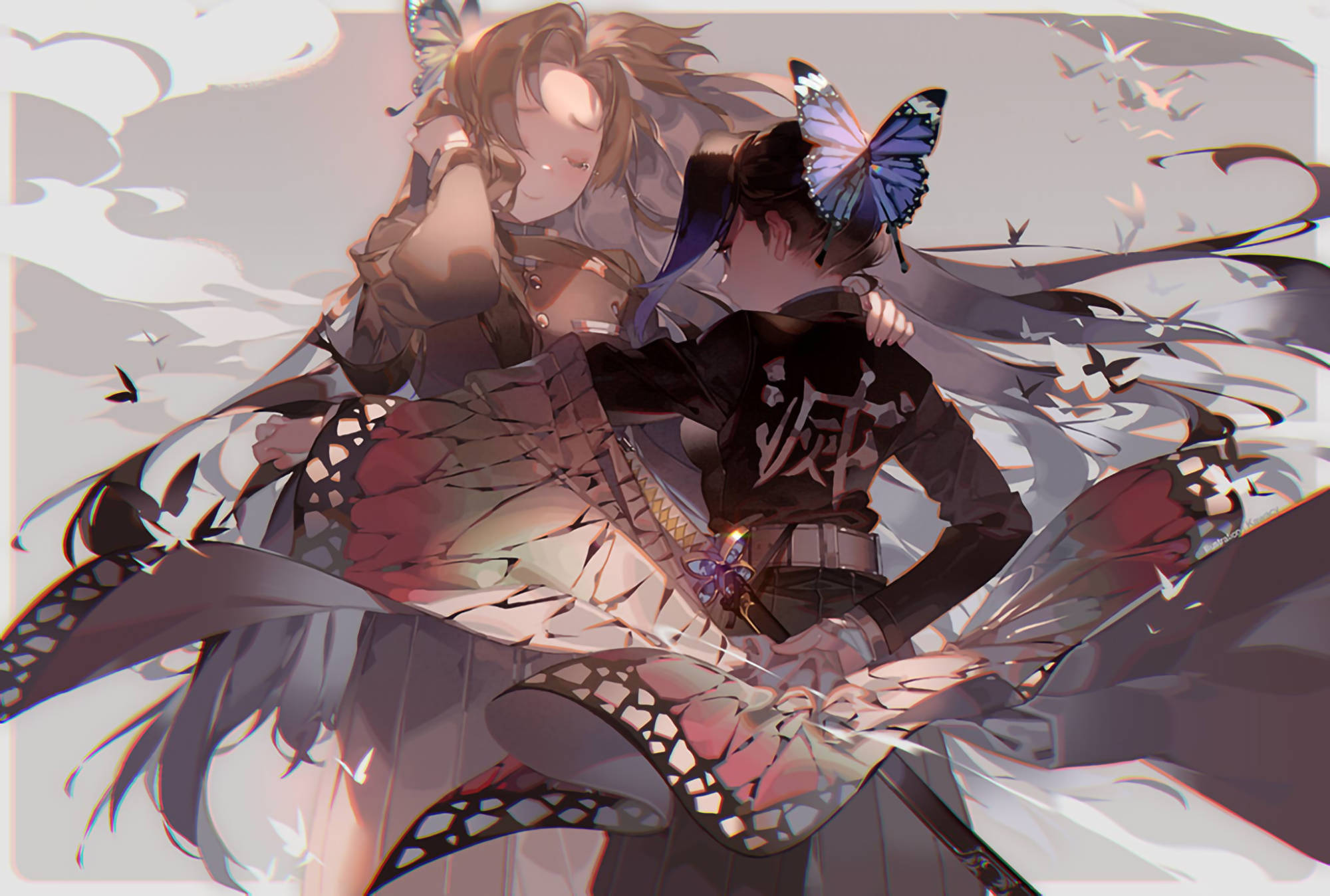Kanae Kocho, dark kimono, swirling butterfly wings, Full HD Desktop Wallpaper