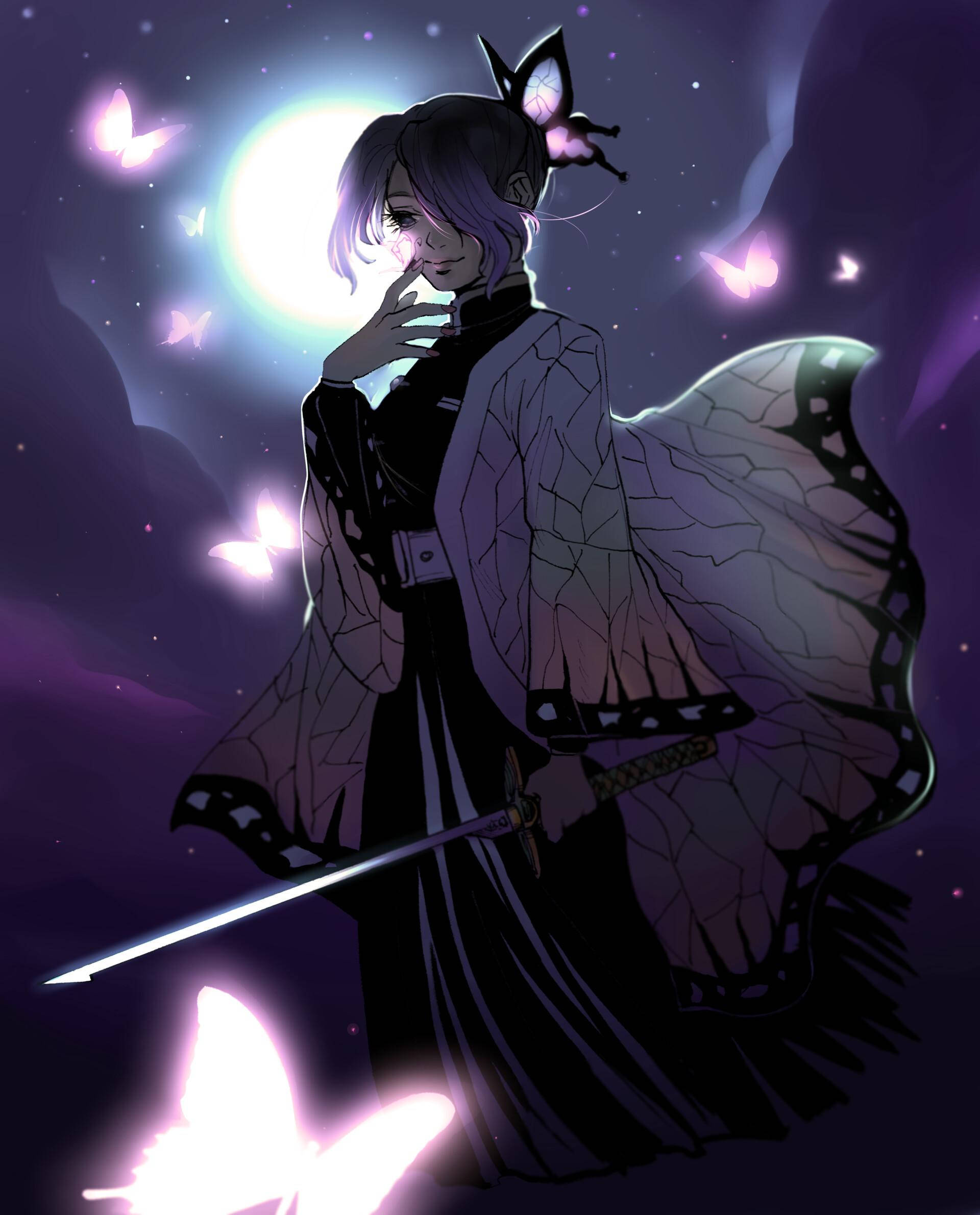 Kanae Kocho, purple-haired, butterfly wings, Full HD Phone Wallpaper