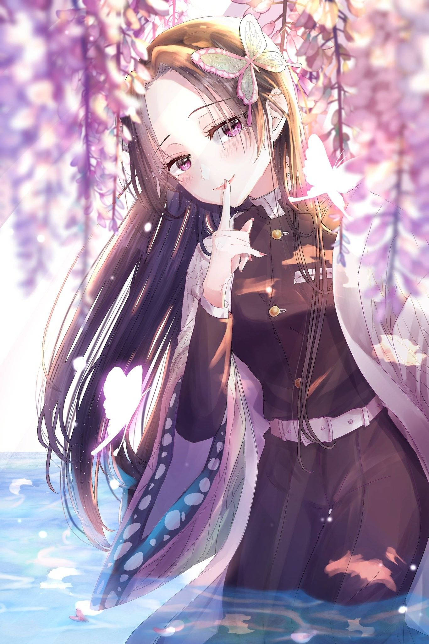 Kanae Kocho, pink wisteria blossoms, long dark hair, Full HD Phone Wallpaper