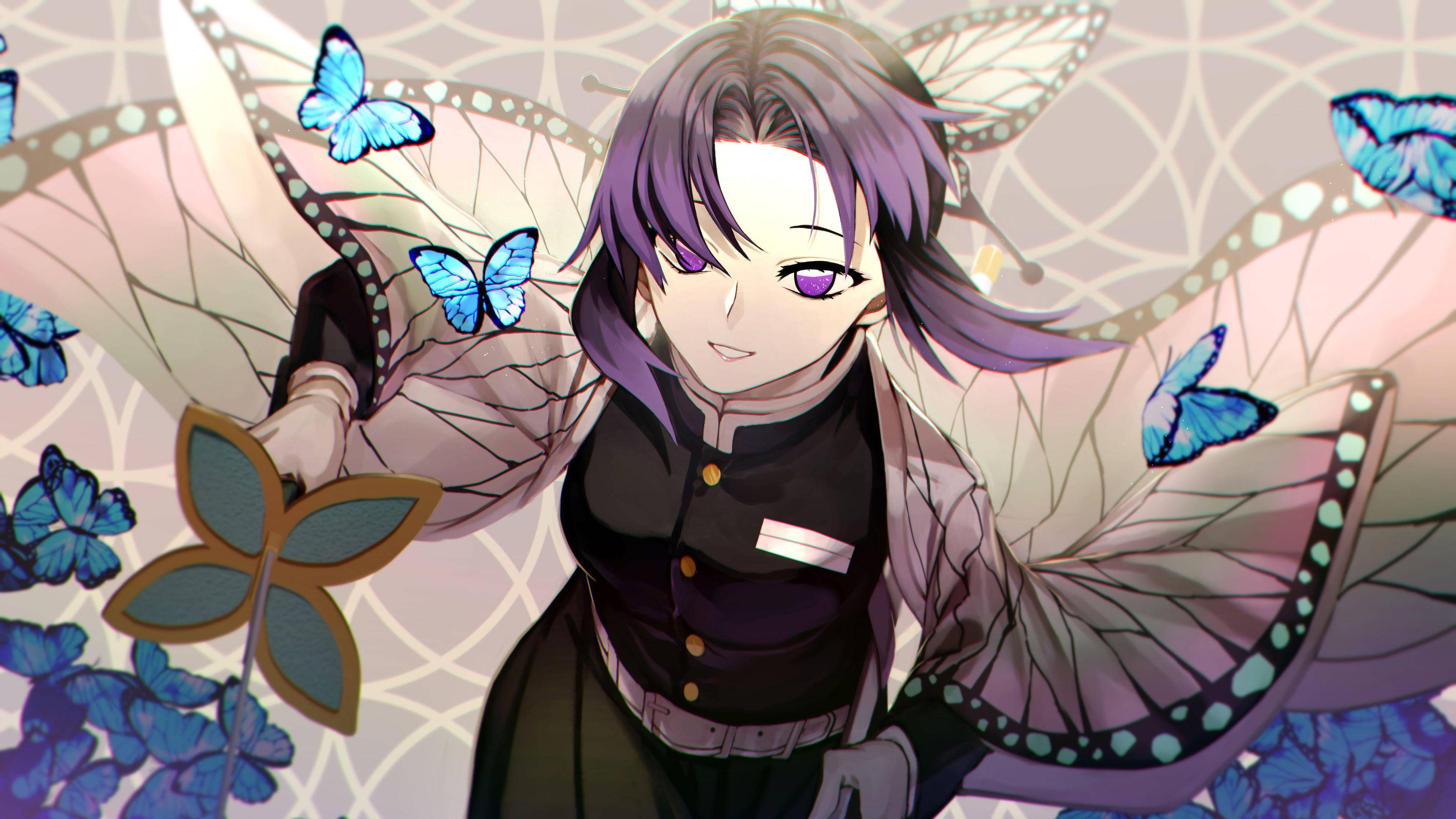 Kanae Kocho, blue butterflies, purple-haired, 4K Desktop Wallpaper