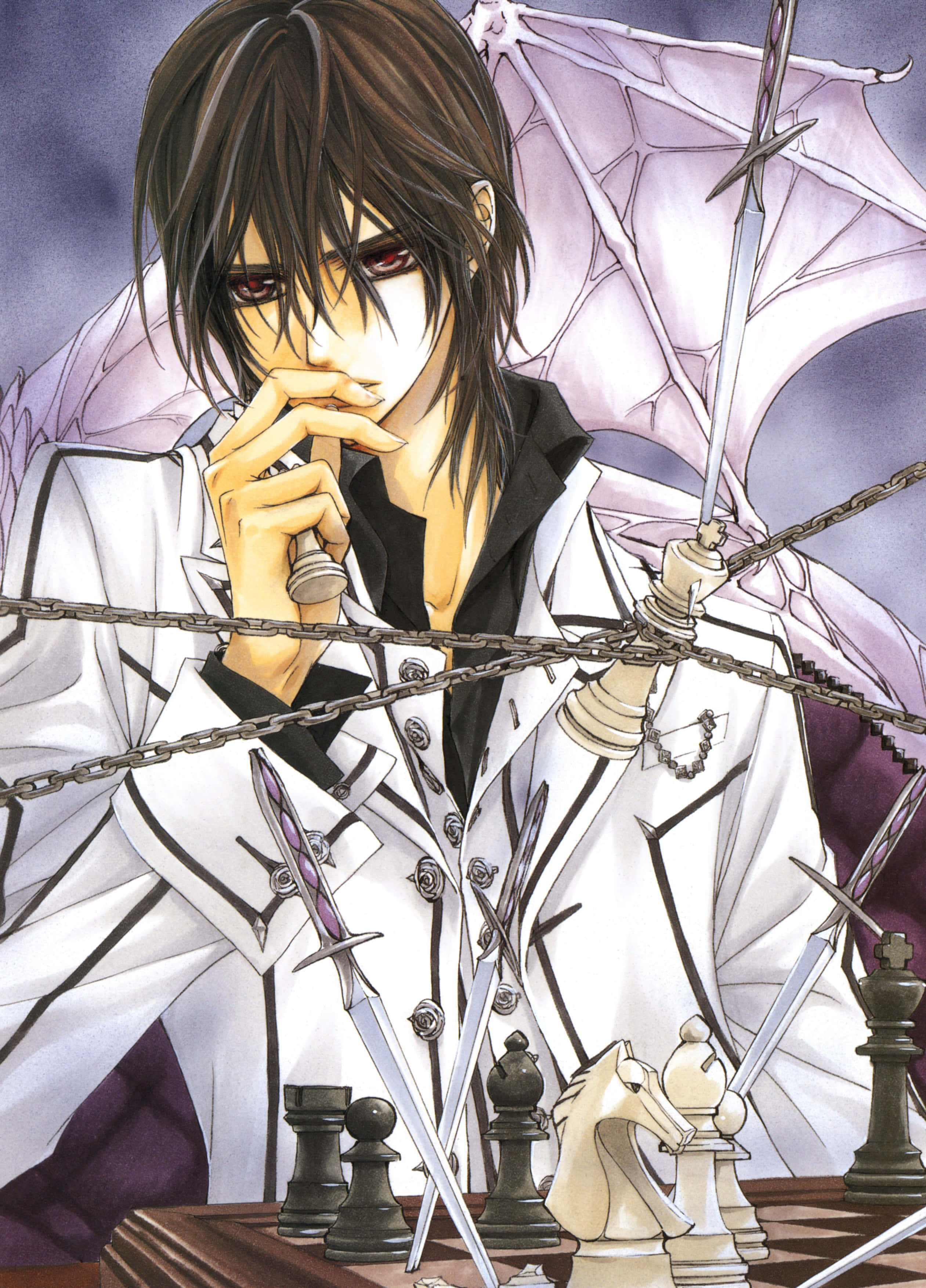 Kaname Kuran, red eyes, purple wings, 2K Phone Wallpaper