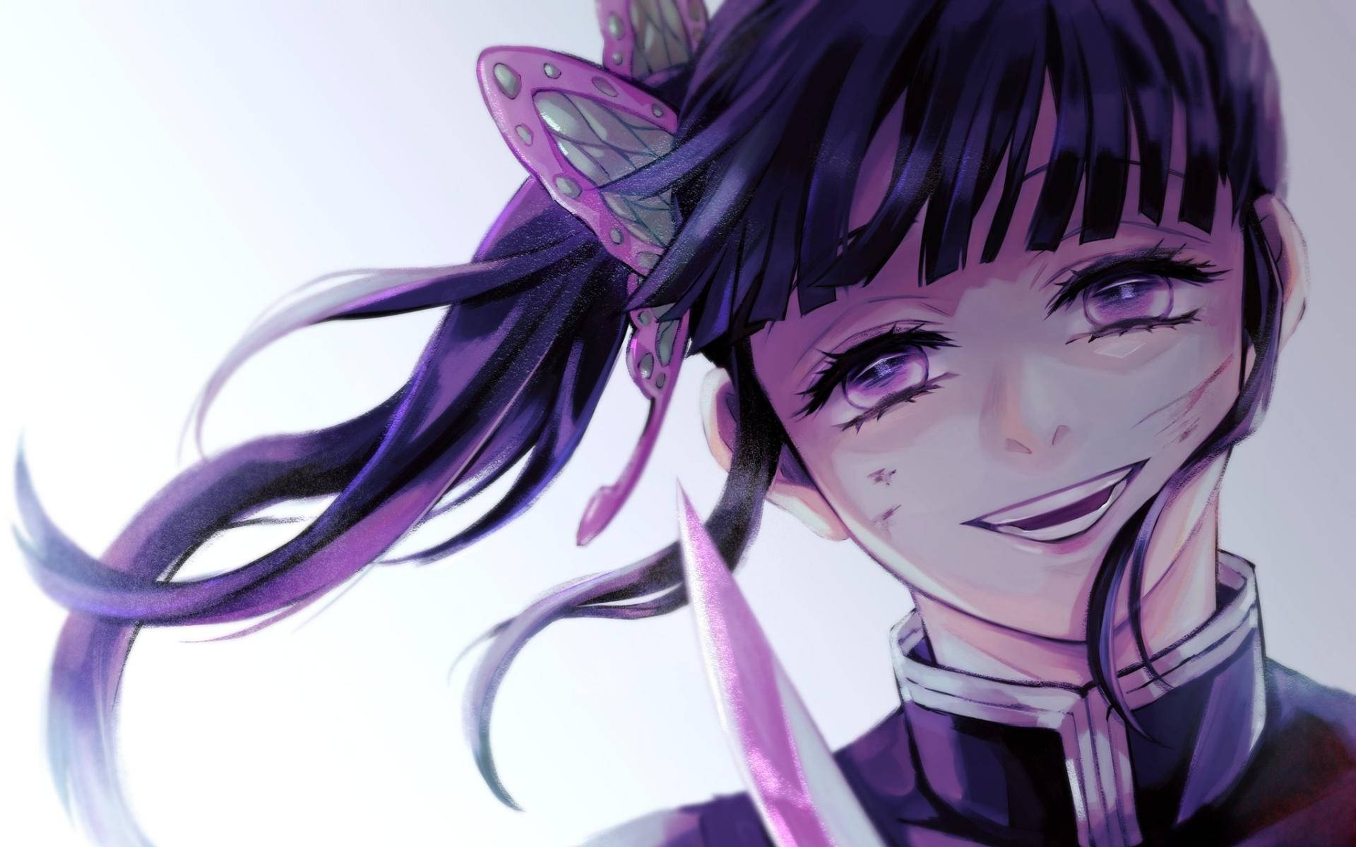 Kanao Tsuyuri, purple hair, butterfly hairpin, Full HD Desktop Wallpaper