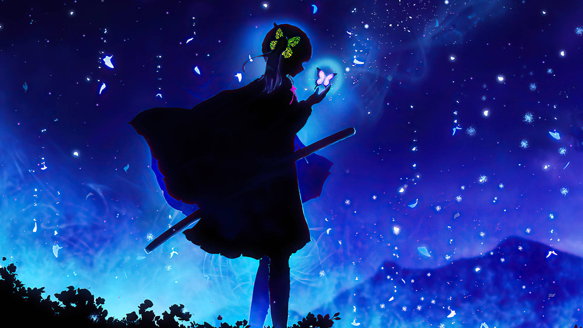 Kanao Tsuyuri, glowing butterfly hairpins, luminous butterfly, Full HD Desktop Wallpaper