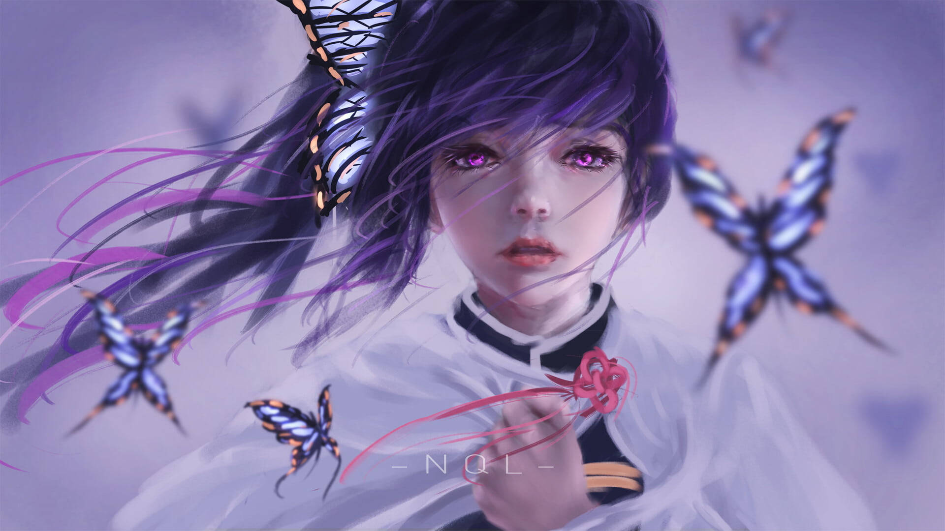 Kanao Tsuyuri, purple hair, glowing eyes, Full HD Desktop Wallpaper