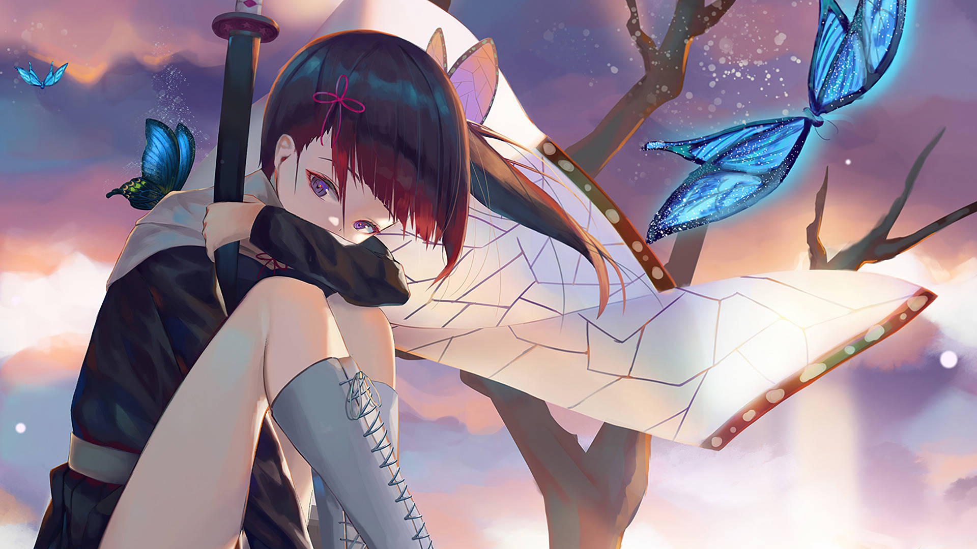 Kanao Tsuyuri, dark hair, red streaks, Full HD Desktop Wallpaper