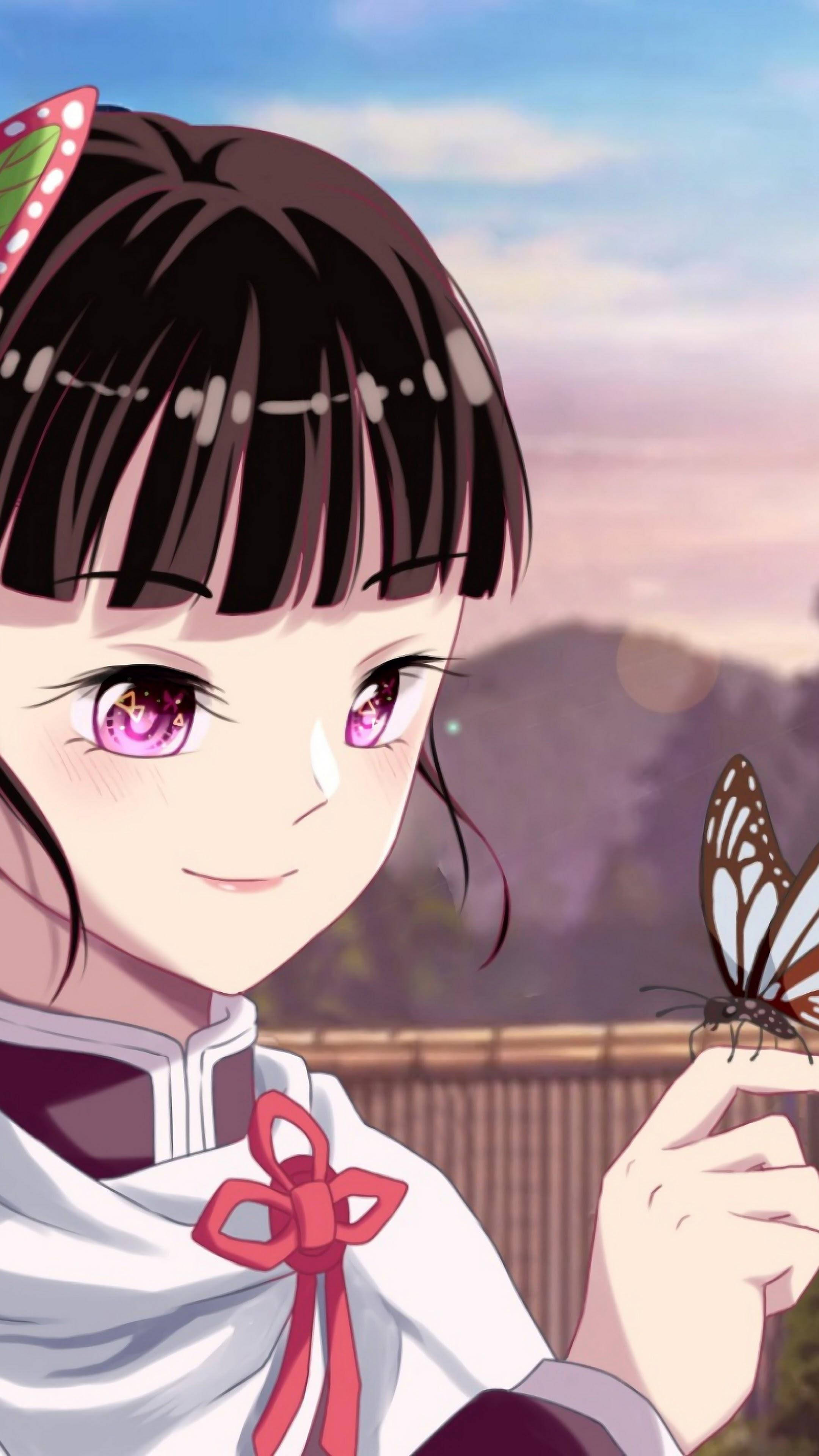 Kanao Tsuyuri, pink eyes, butterfly, 4K Phone Wallpaper