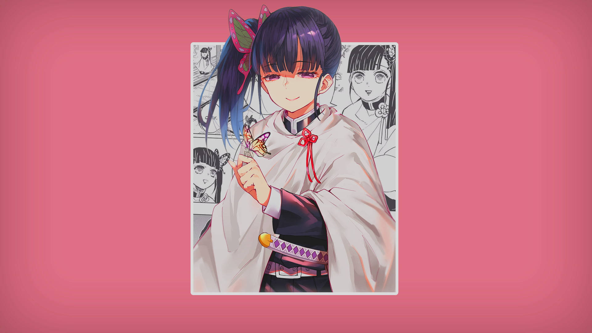 Kanao Tsuyuri, pink background, white kimono, Full HD Desktop Wallpaper