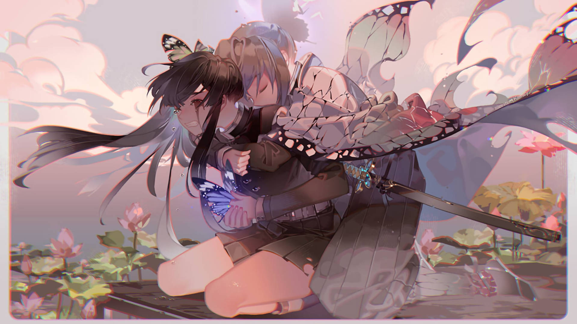 Kanao Tsuyuri, butterflies, pink lotuses, Full HD Desktop Wallpaper