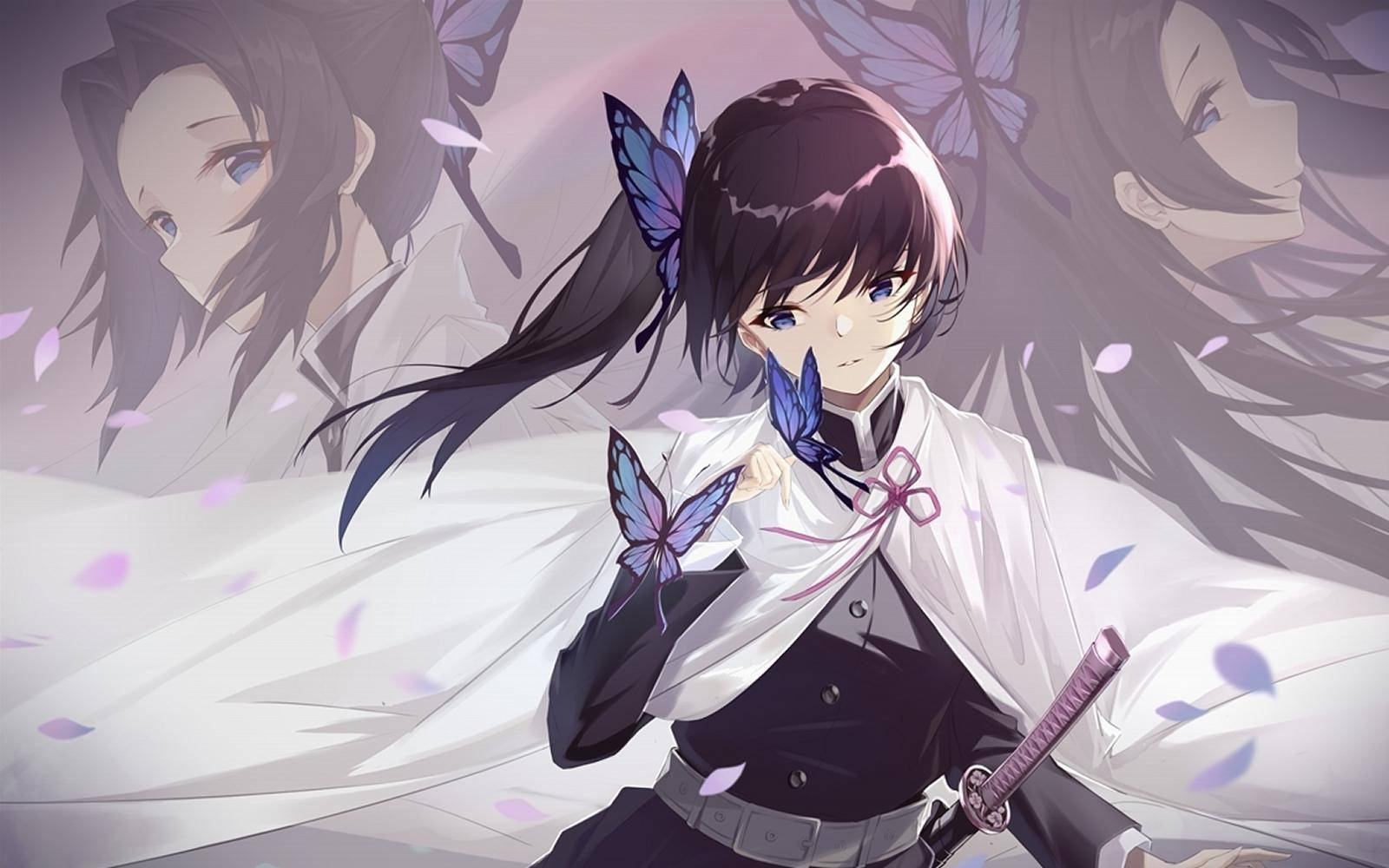 Kanao Tsuyuri, purple butterflies, blue butterflies, HD Desktop Wallpaper