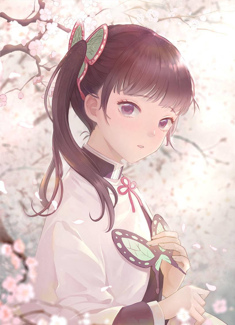 Kanao Tsuyuri, cherry blossoms, butterfly, SD Phone Wallpaper