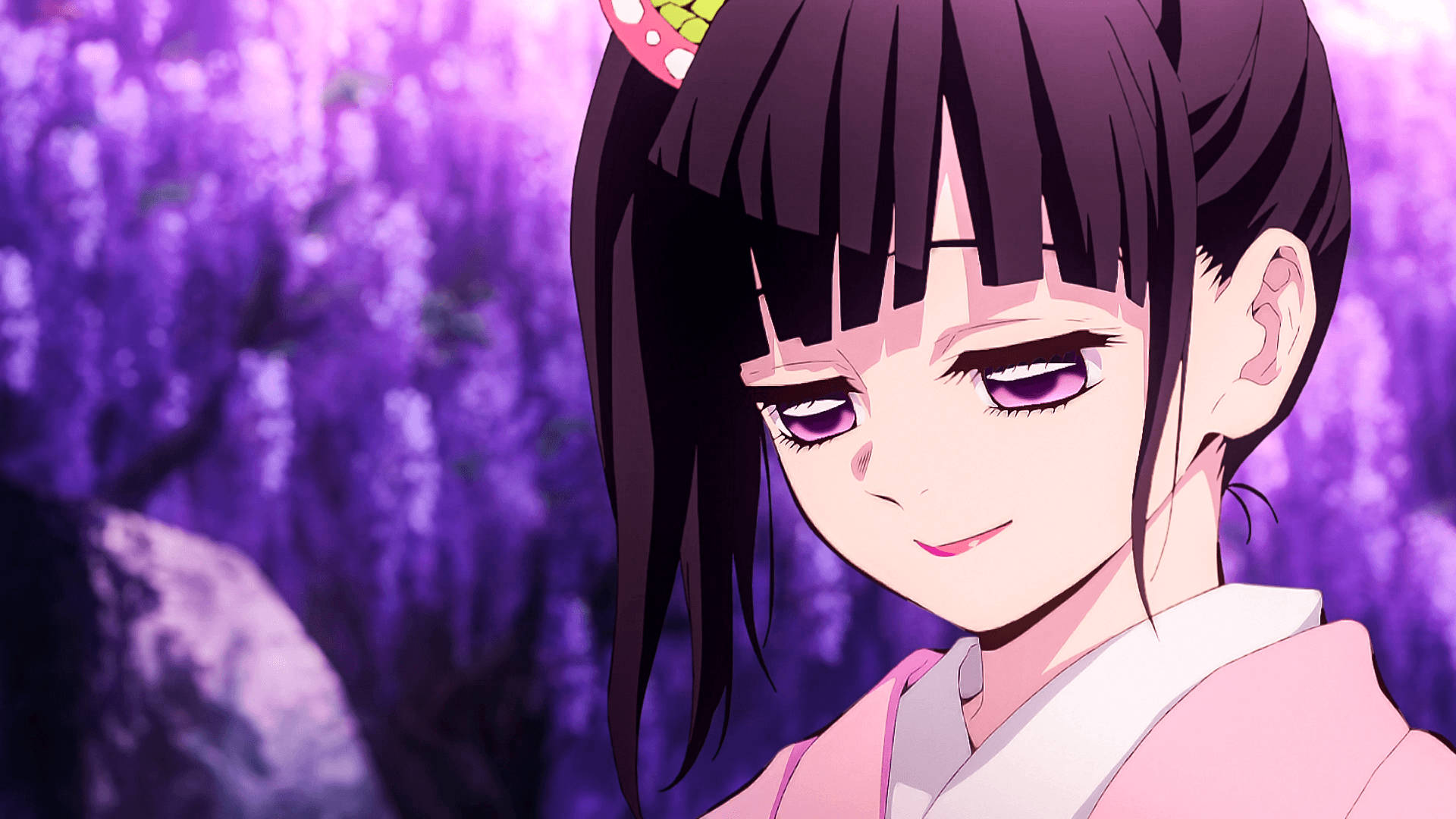 Kanao Tsuyuri, pink kimono, purple eyes, Full HD Desktop Wallpaper