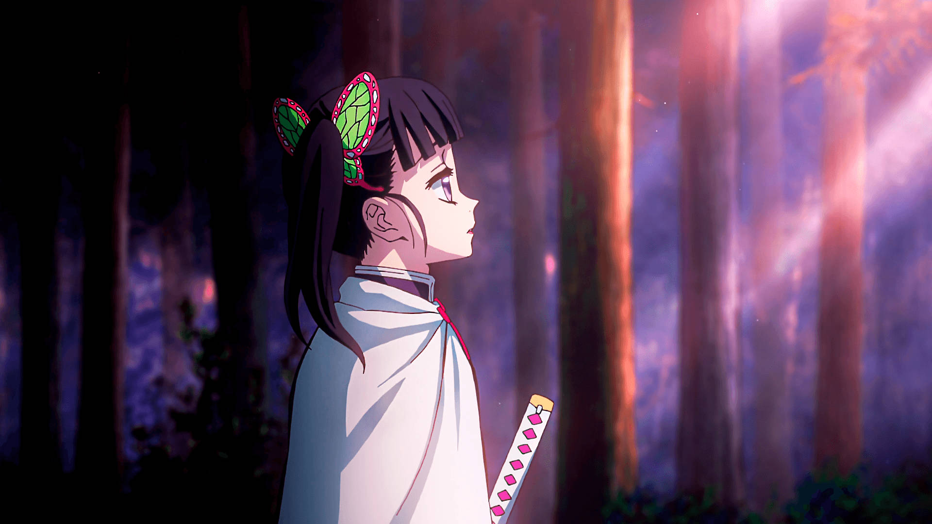 Kanao Tsuyuri, butterfly hairpins, mystical forest, Full HD Desktop Wallpaper