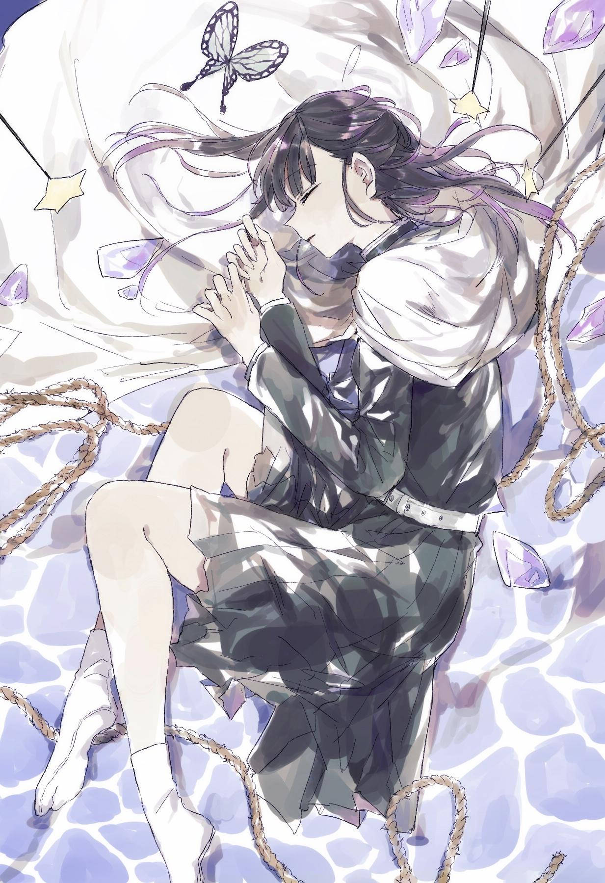 Kanao Tsuyuri, dark hair, floating purple crystals, HD Phone Wallpaper